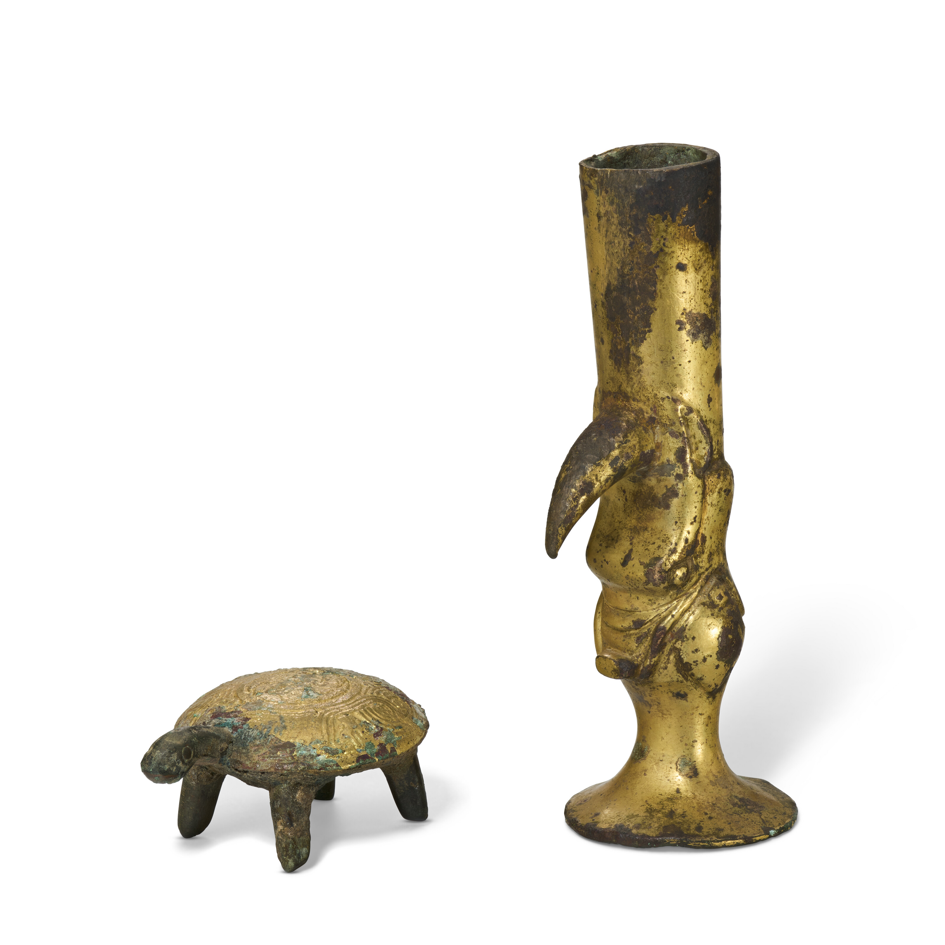 A GILT-BRONZE FERRULE AND FIGURE OF A TURTLE, CHINA, HAN-SIX DYNASTIES ...
