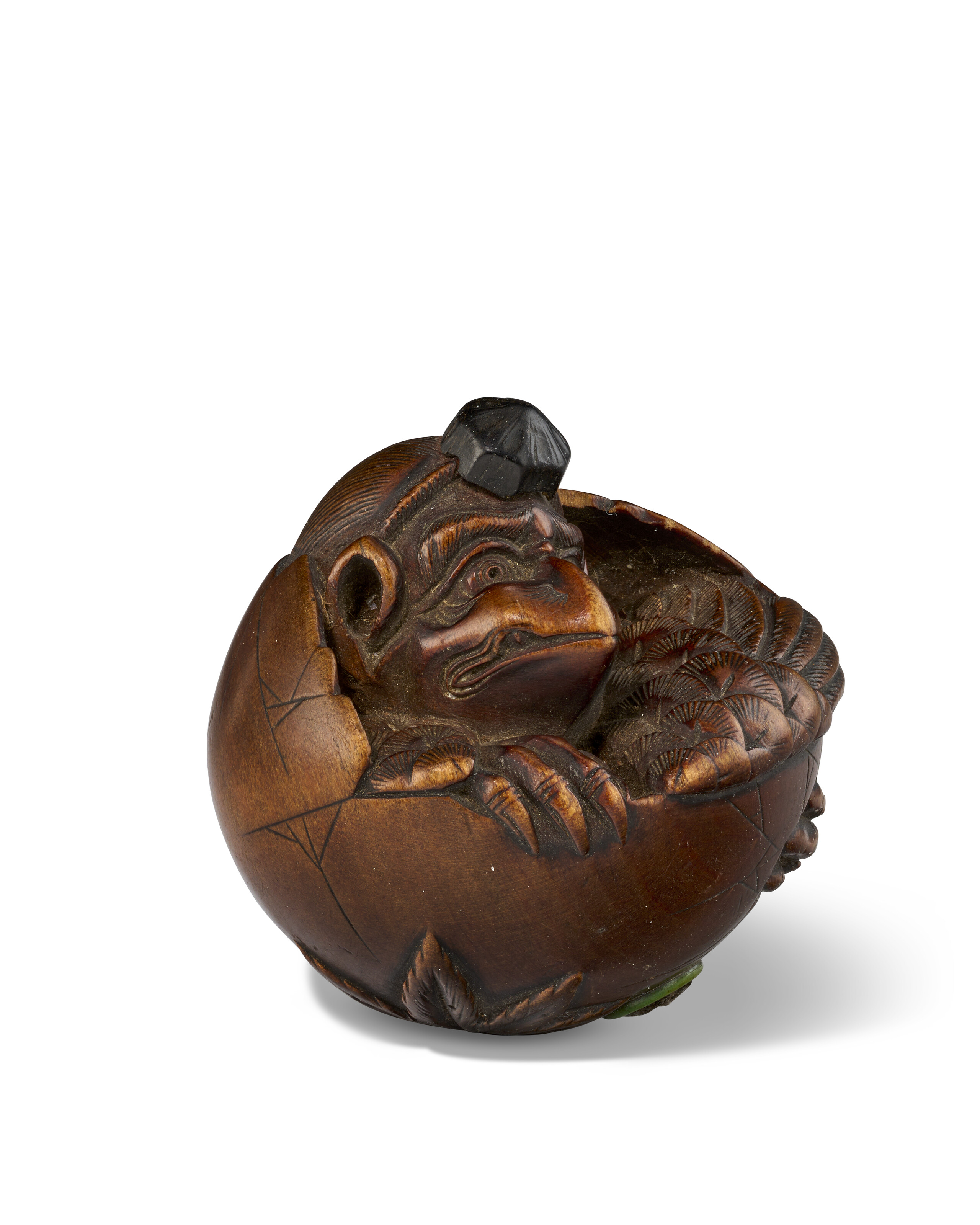 A WOOD CARVED NETSUKE OF TENGU NO TAMAGO, JAPAN, EDO PERIOD (19TH