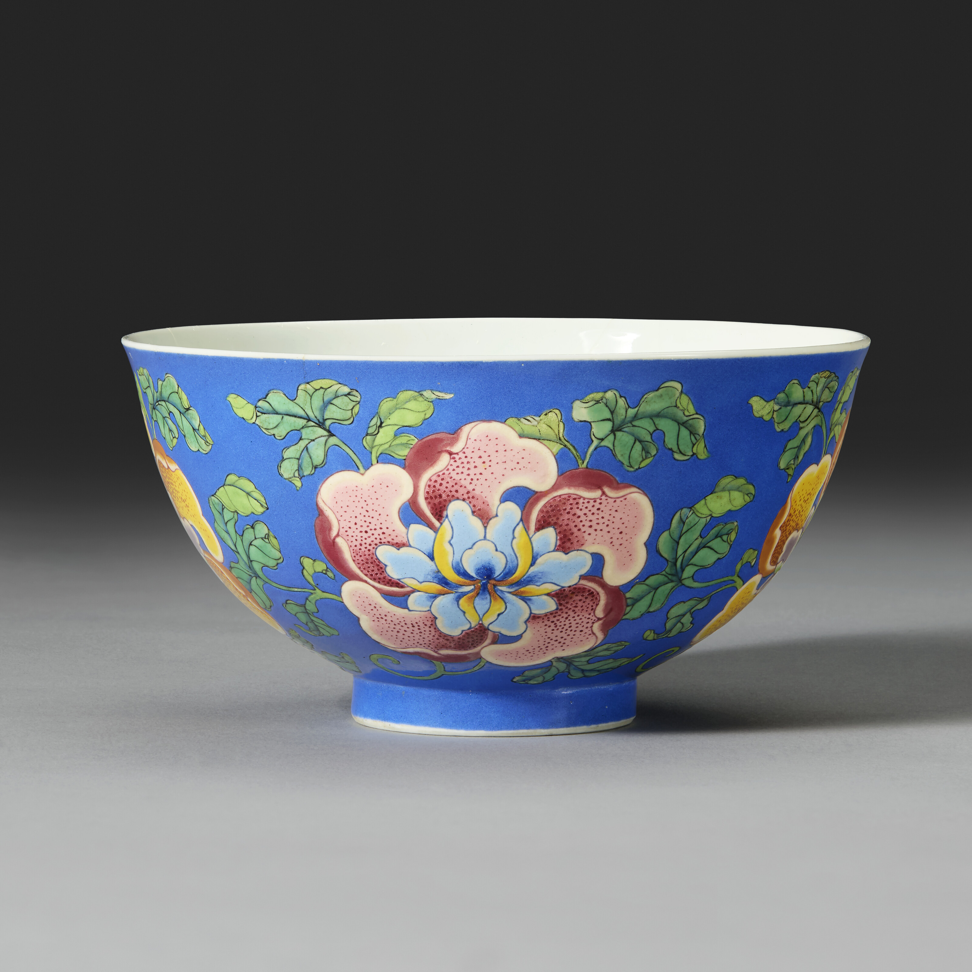 AN EXCEEDINGLY RARE IMPERIAL BLUE-GROUND FALANGCAI 'PEONY' BOWL