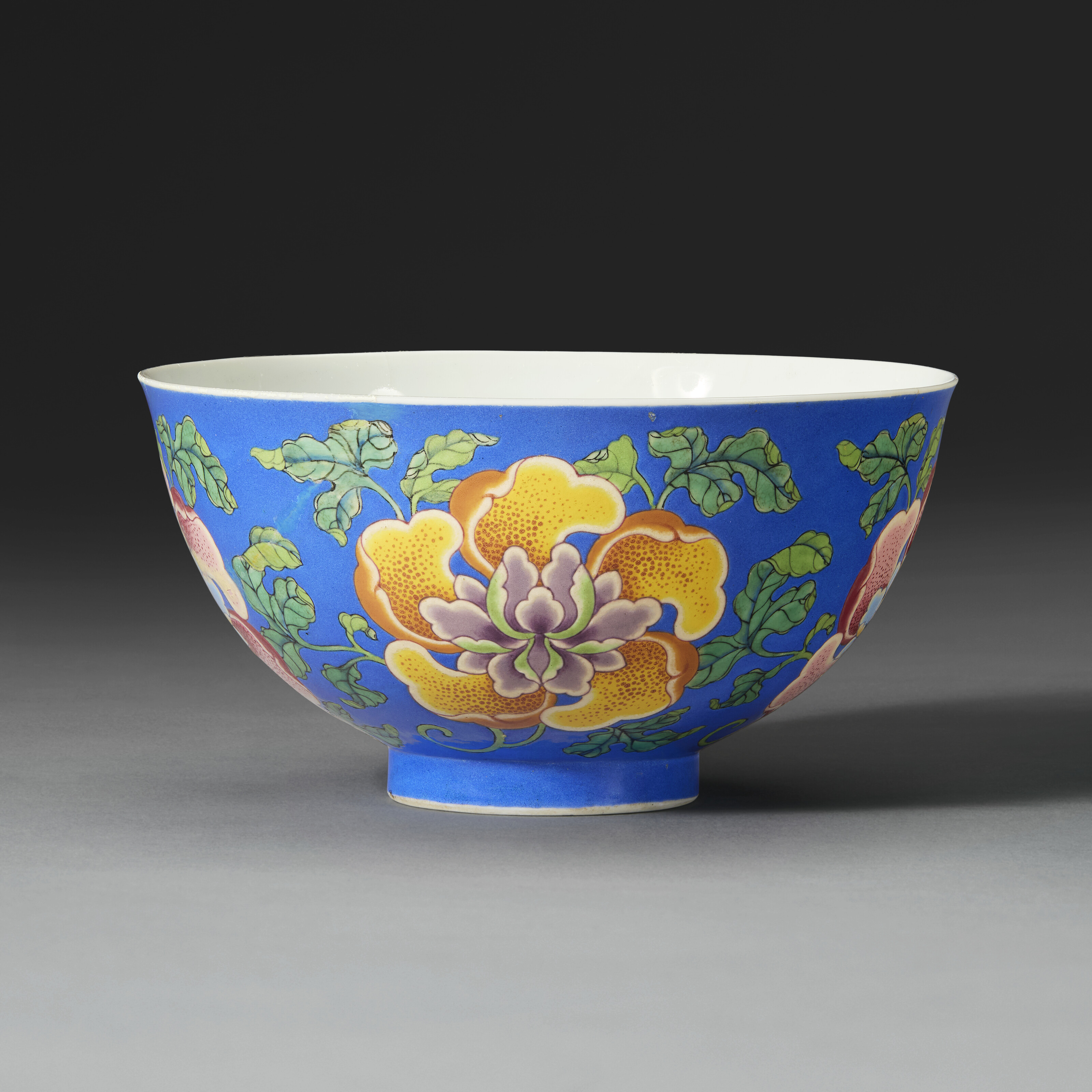 AN EXCEEDINGLY RARE IMPERIAL BLUE-GROUND FALANGCAI 'PEONY' BOWL