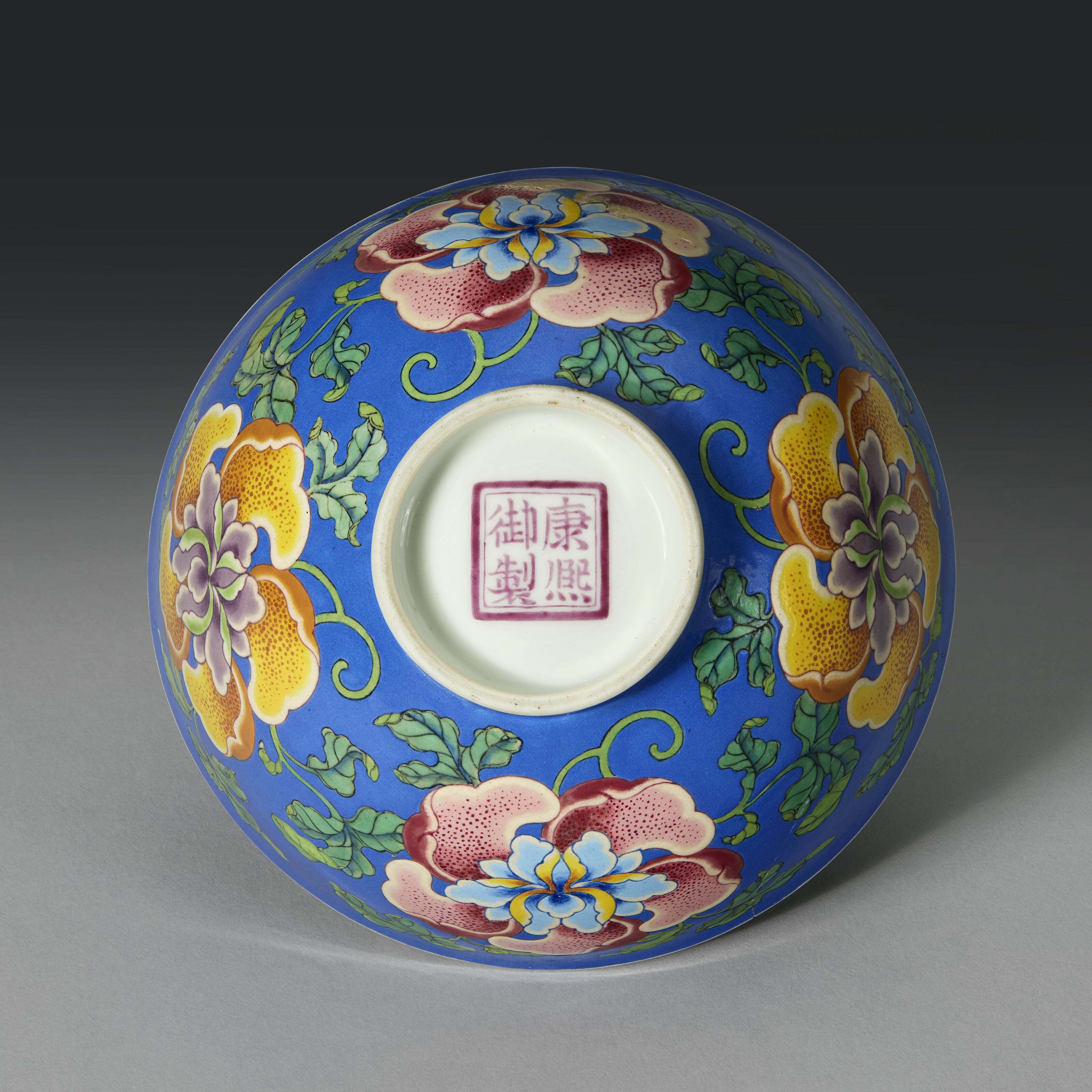 AN EXCEEDINGLY RARE IMPERIAL BLUE-GROUND FALANGCAI 'PEONY' BOWL