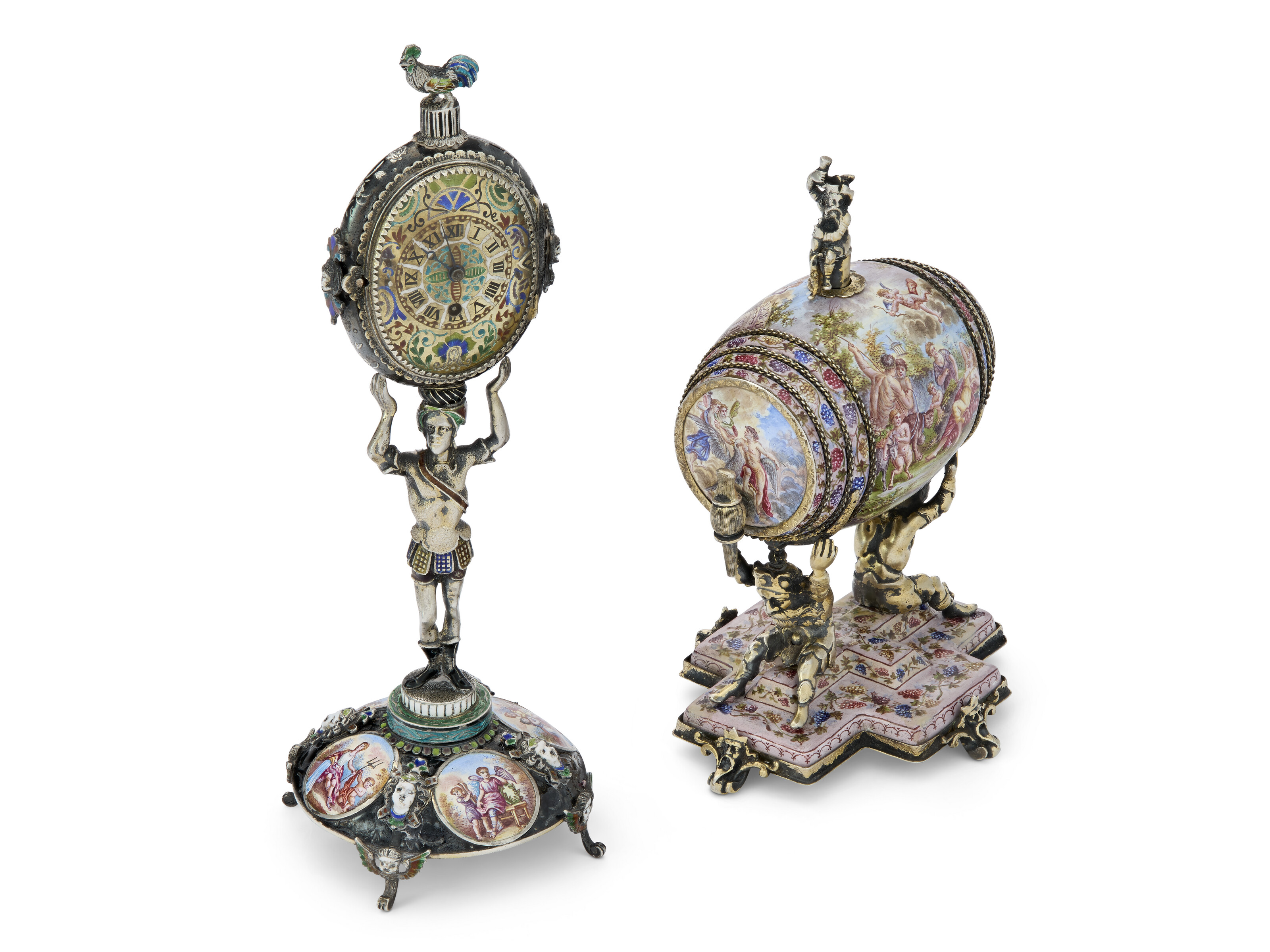 AN AUSTRIAN SILVER-GILT AND ENAMEL FIGURAL TABLE CLOCK AND SCENT BARREL ...