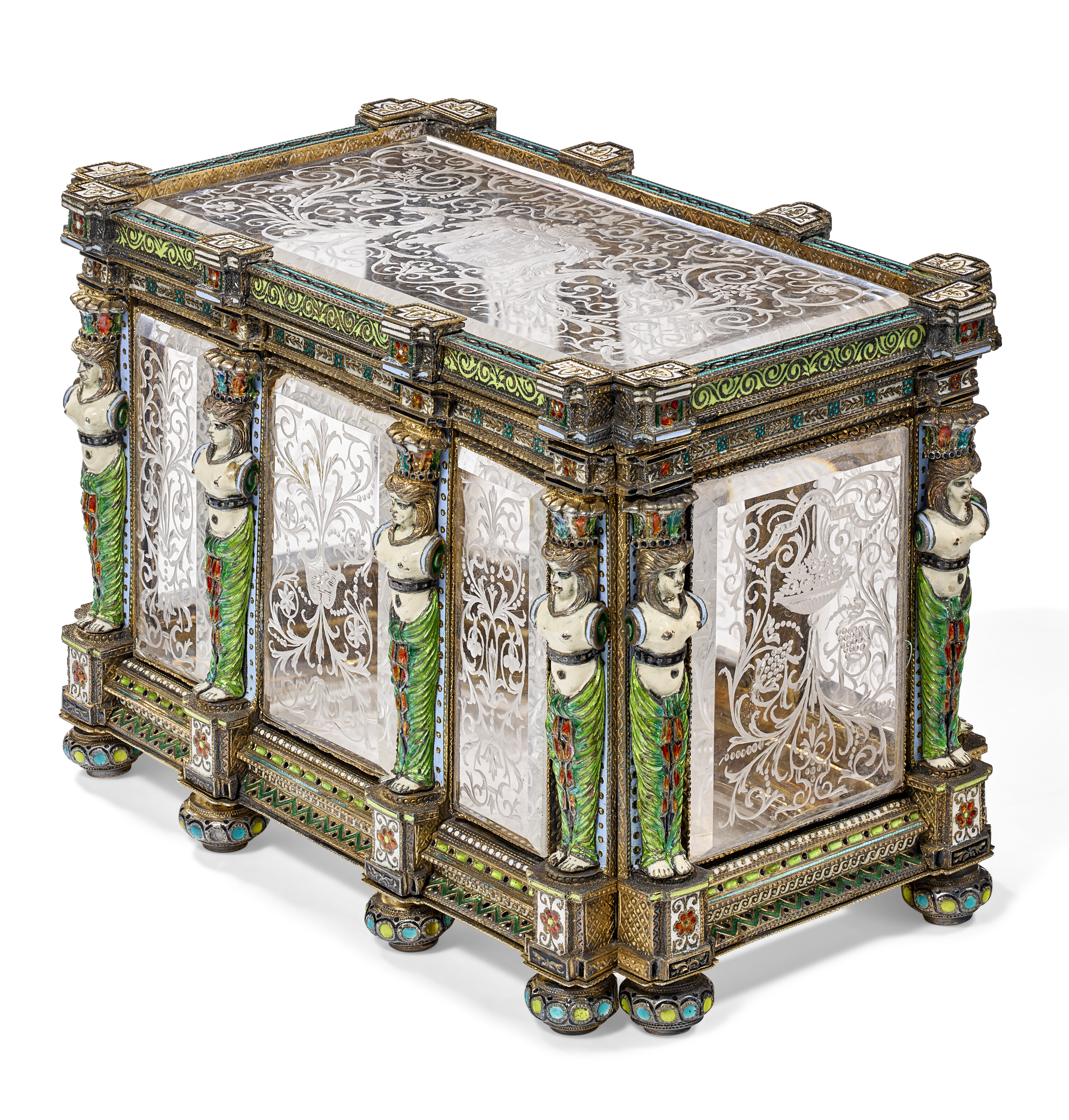 A VIENNESE SILVER, SILVER-GILT AND ENAMEL-MOUNTED ETCHED GLASS TABLE  CASKET, MARK OF KARL ROSSLER, VIENNA, CIRCA 1870-1880 | Christie's, image size:3055x3200