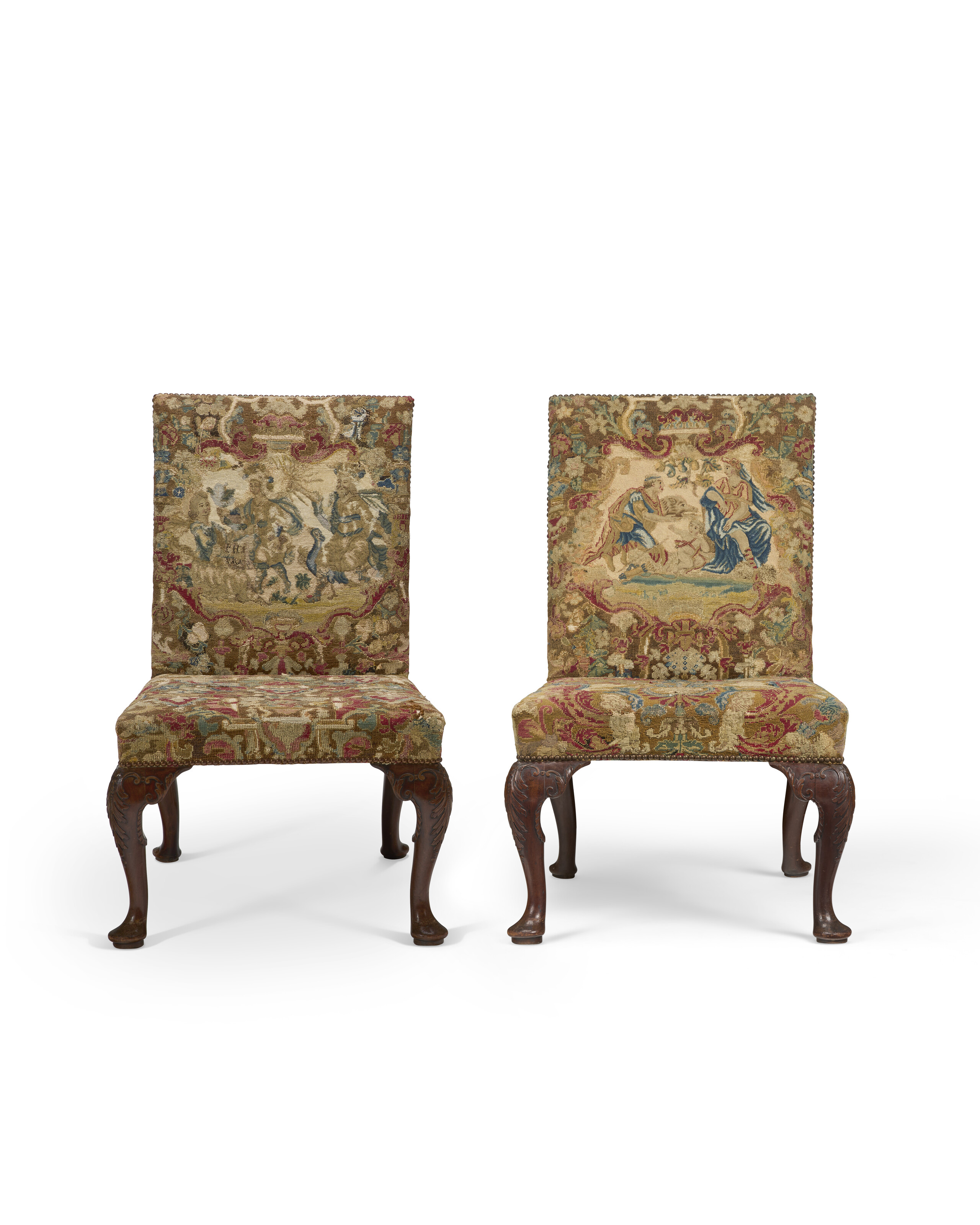 A PAIR OF GEORGE II MAHOGANY AND NEEDLEWORK UPHOLSTERED SIDE CHAIRS ...