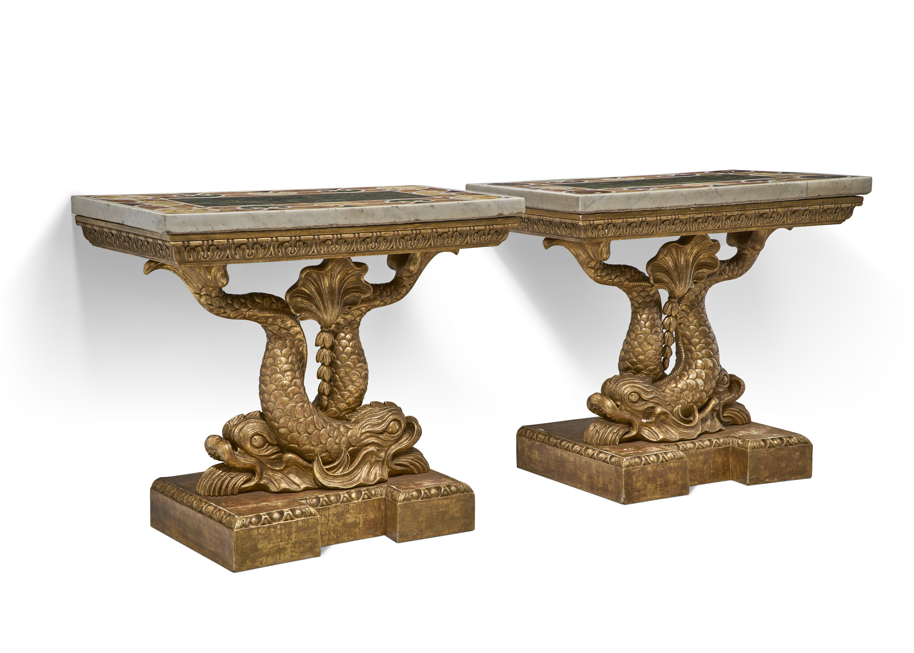 A PAIR OF GEORGE II STYLE GILTWOOD CONSOLES WITH ROMAN SPECIMEN MARBLE ...