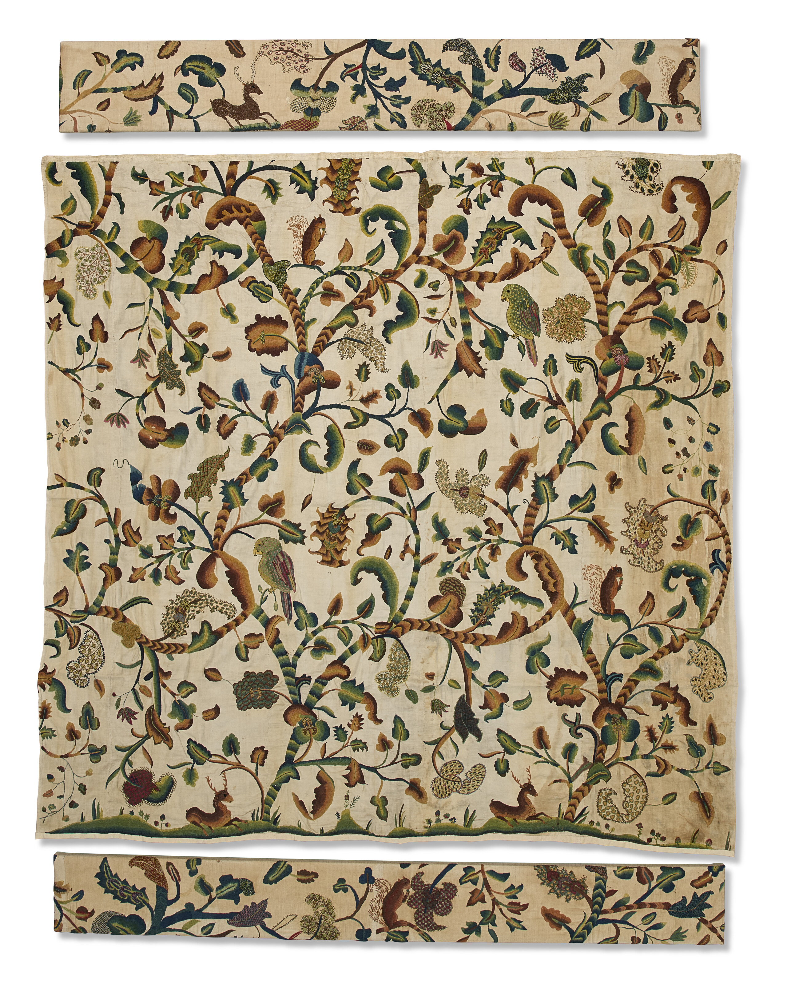 A SET OF QUEEN ANNE CREWEL-WORK BED HANGINGS, EARLY 18TH CENTURY |  Christie's, image size:2572x3200