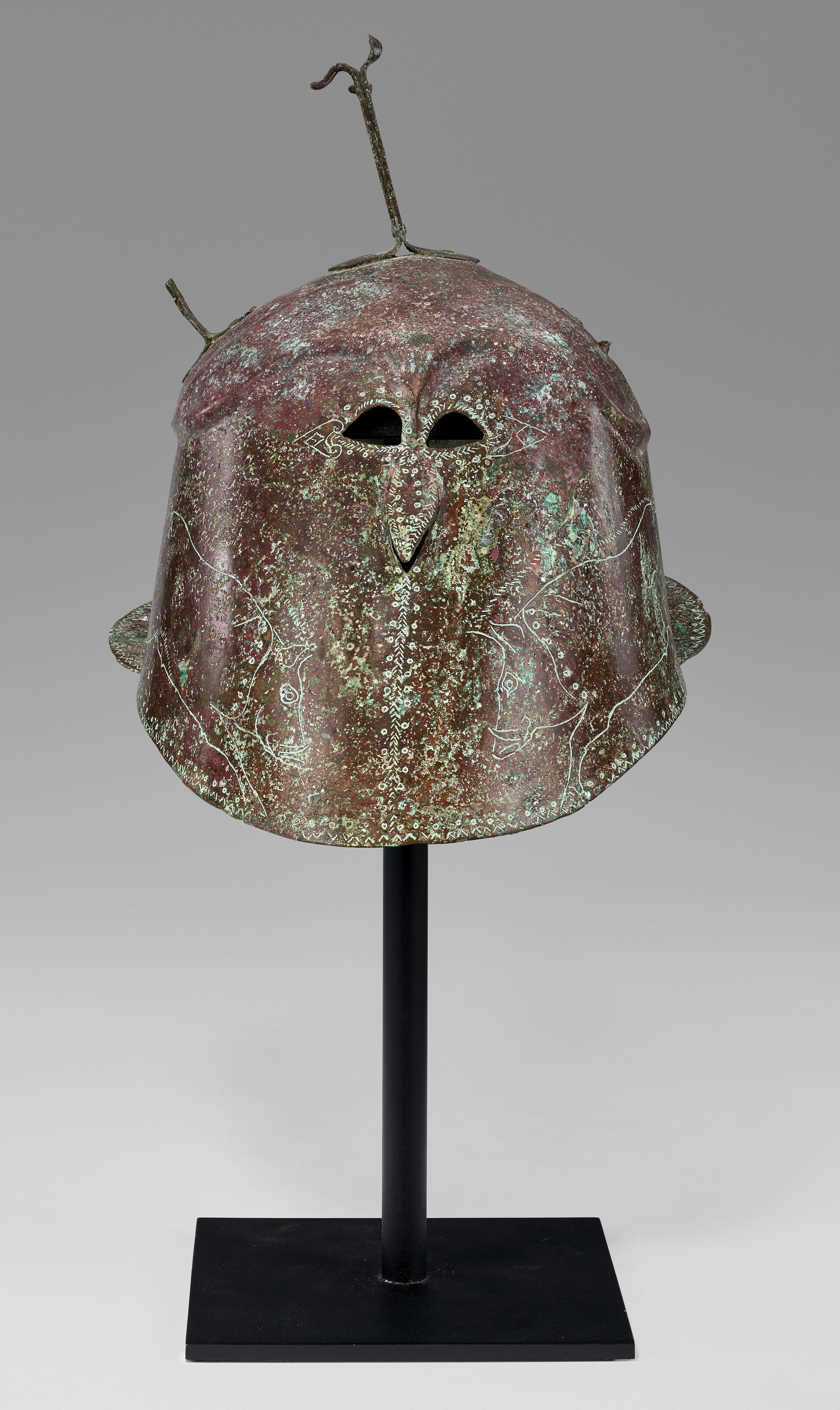 A Greek bronze helmet of Apulo-Corinthian type, Magna Graecia, late Archaic to early Classical period, circa 525-475 B.C., sold for $76,200 on 23 October 2025 at Christie's in New York