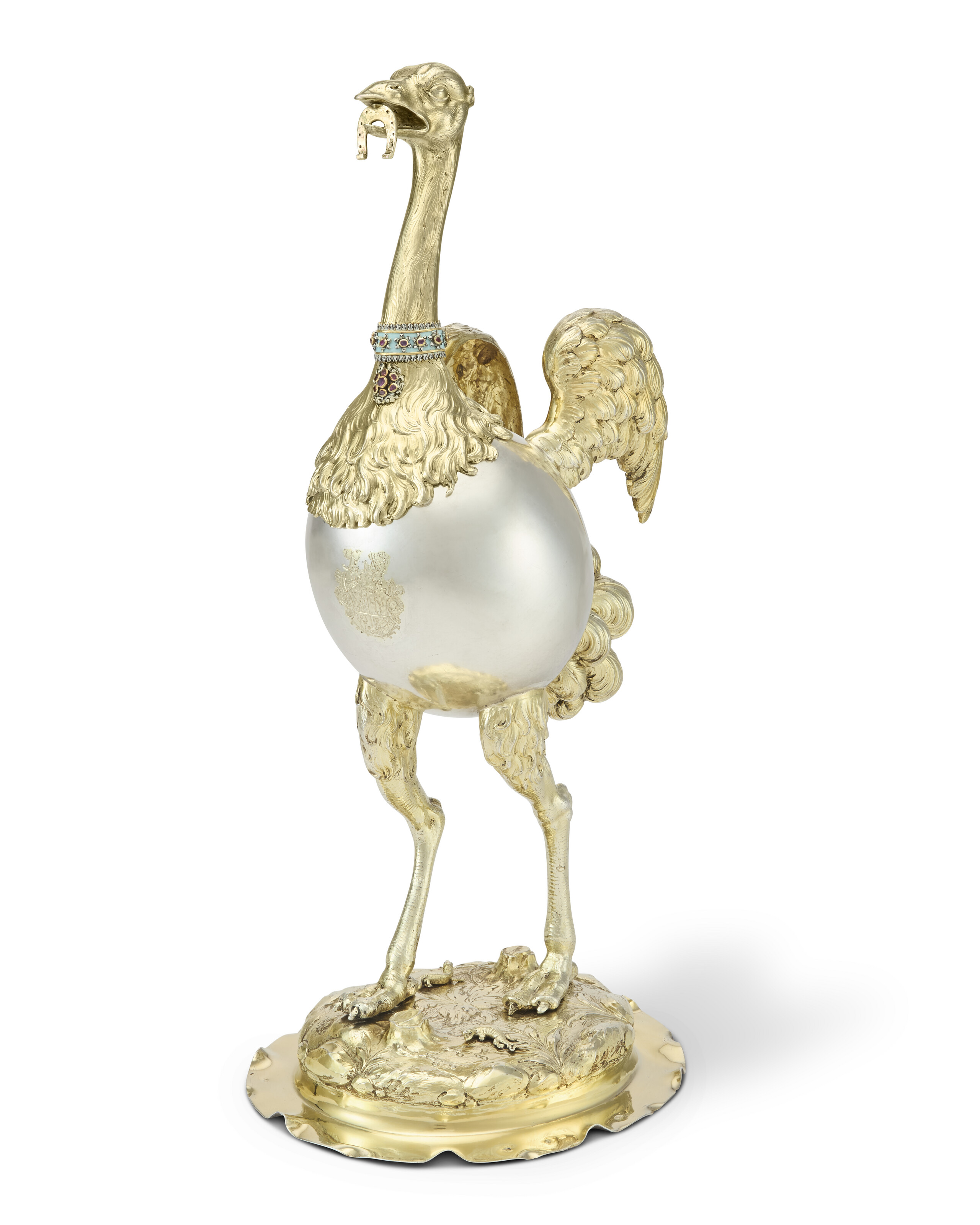 A GERMAN PARCEL-GILT SILVER, ENAMEL AND GEM-SET OSTRICH-FORM