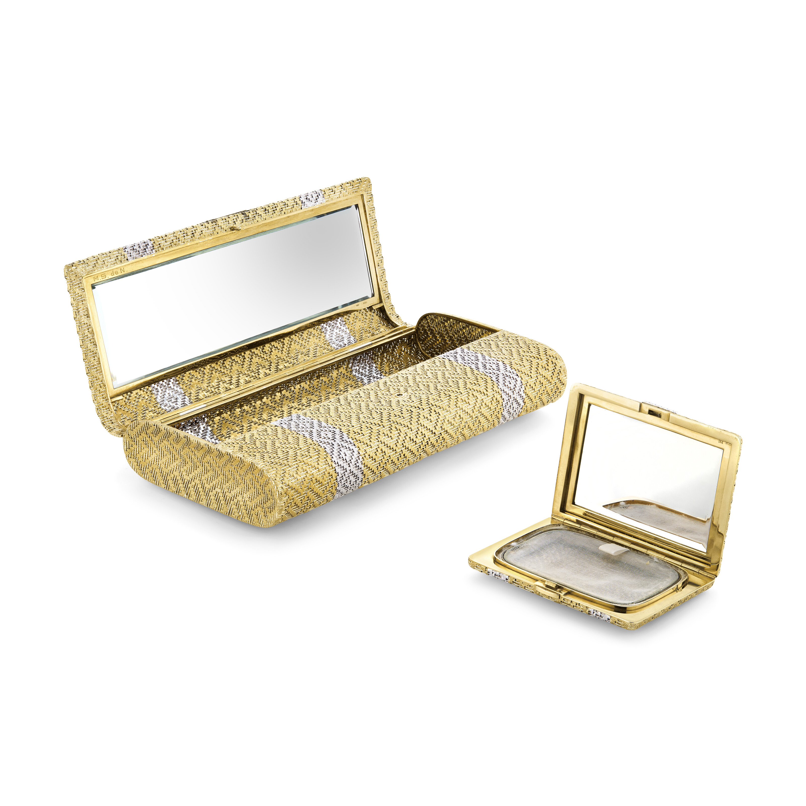 VAN CLEEF & ARPELS GOLD AND DIAMOND EVENING BAG AND COMPACT