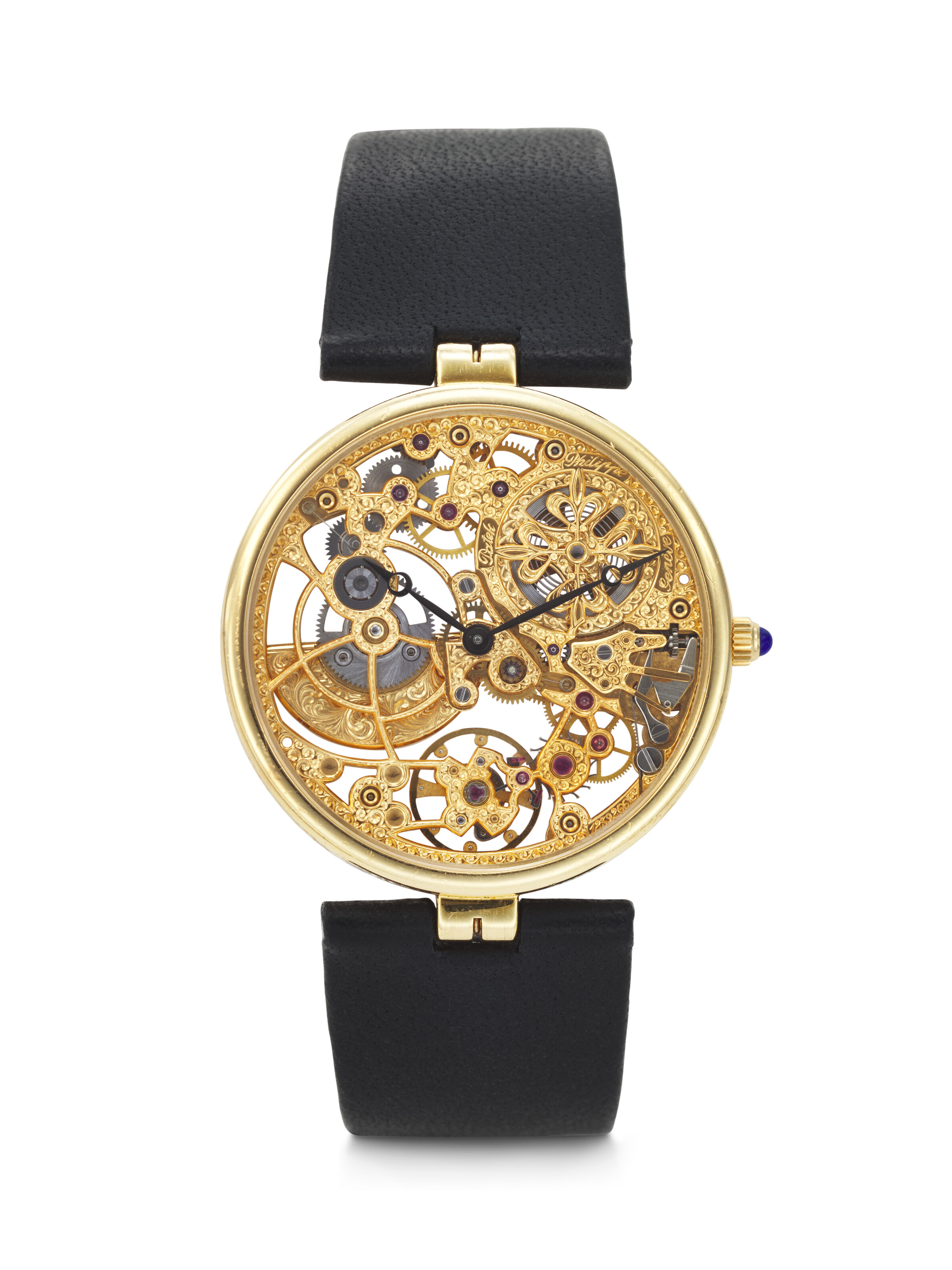 Patek Philippe. An 18k gold automatic skeletonized wristwatch with hand-engraved case and movement, circa 1994. Ref. 3878J, movement no. 1'239'266, case no. 2'934'095, circa 1994. Sold for $107,100 on 9 June 2025 at Christie's in New York
