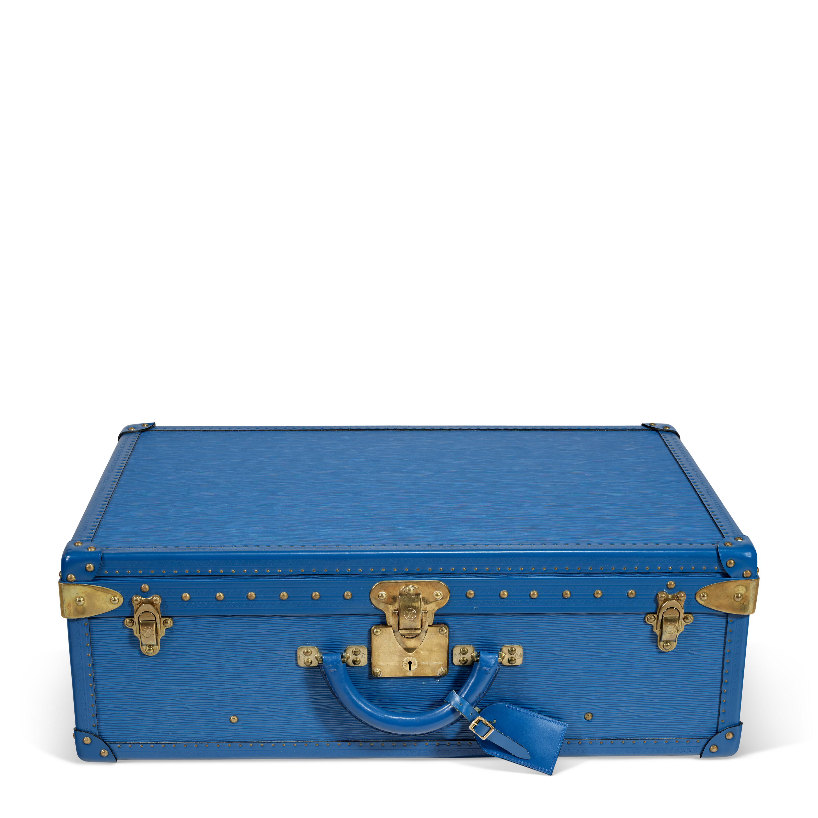 A CUSTOM BLUE EPI ALZER 65 TRUNK WITH BRASS HARDWARE, LOUIS