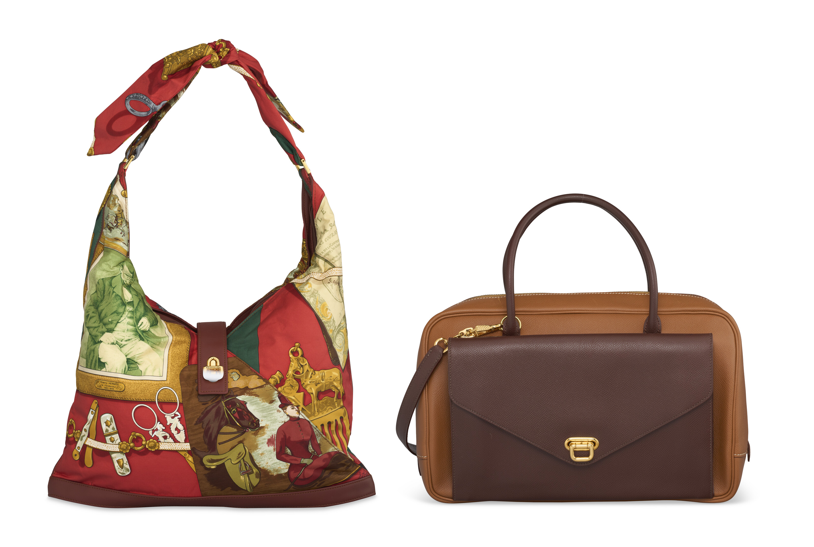 A SET OF TWO: A GOLD AND CHOCOLAT COURCHEVEL LEATHER LORRAINE WITH