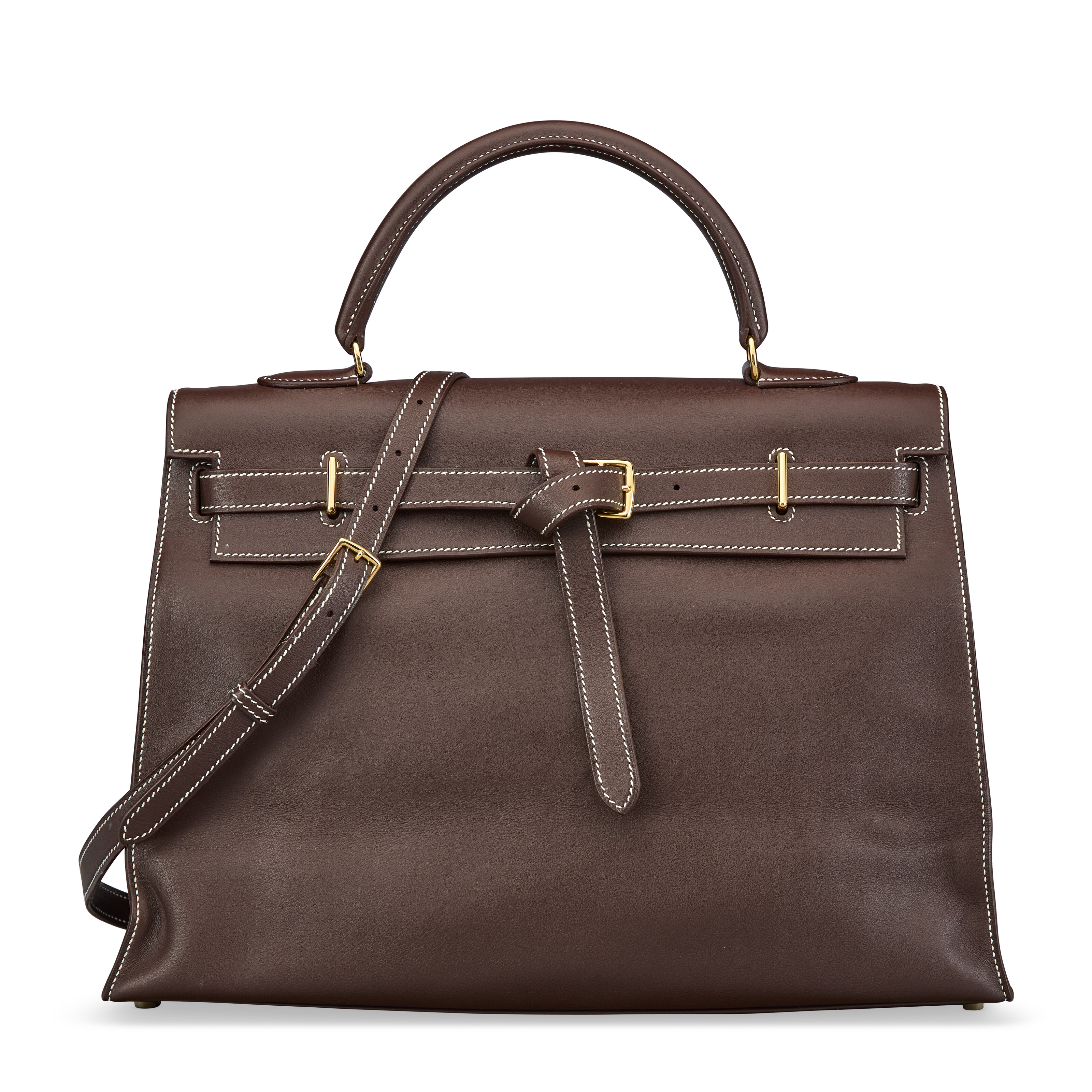 A CHOCOLAT SWIFT LEATHER KELLY FLAT 35 WITH GOLD HARDWARE, HERMÈS