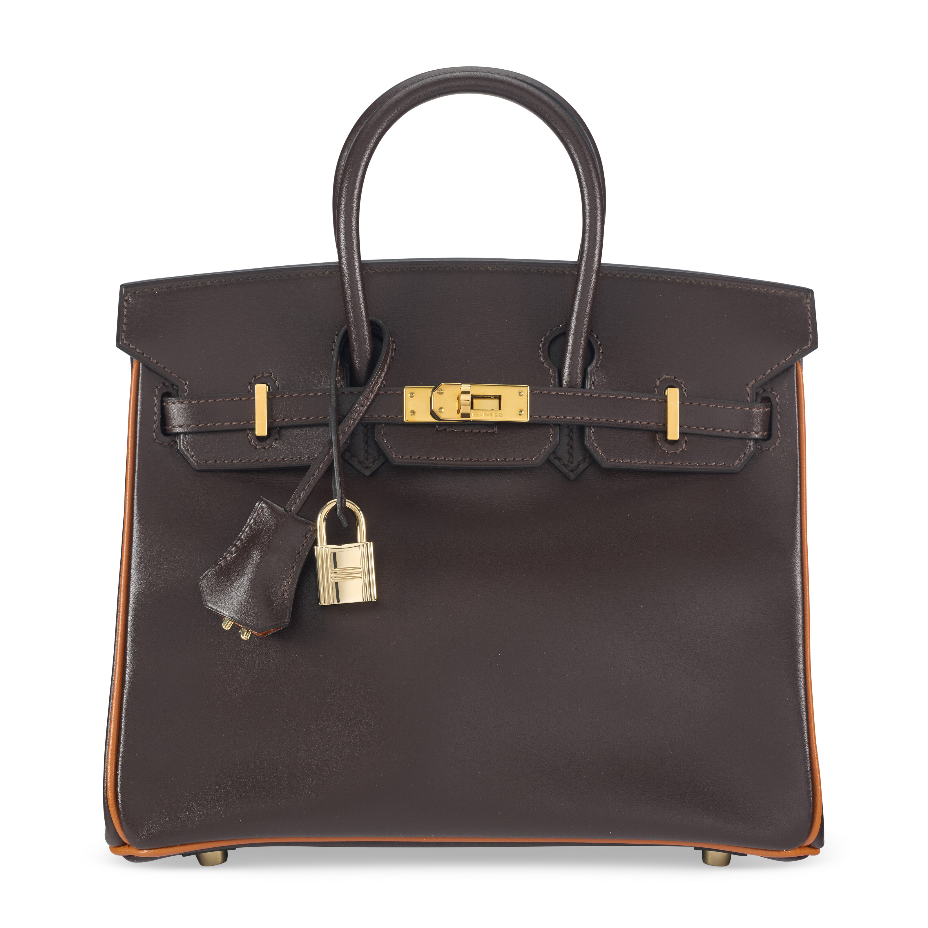 A CHOCOLAT & ORANGE H CALF BOX LEATHER BIRKIN 25 WITH GOLD