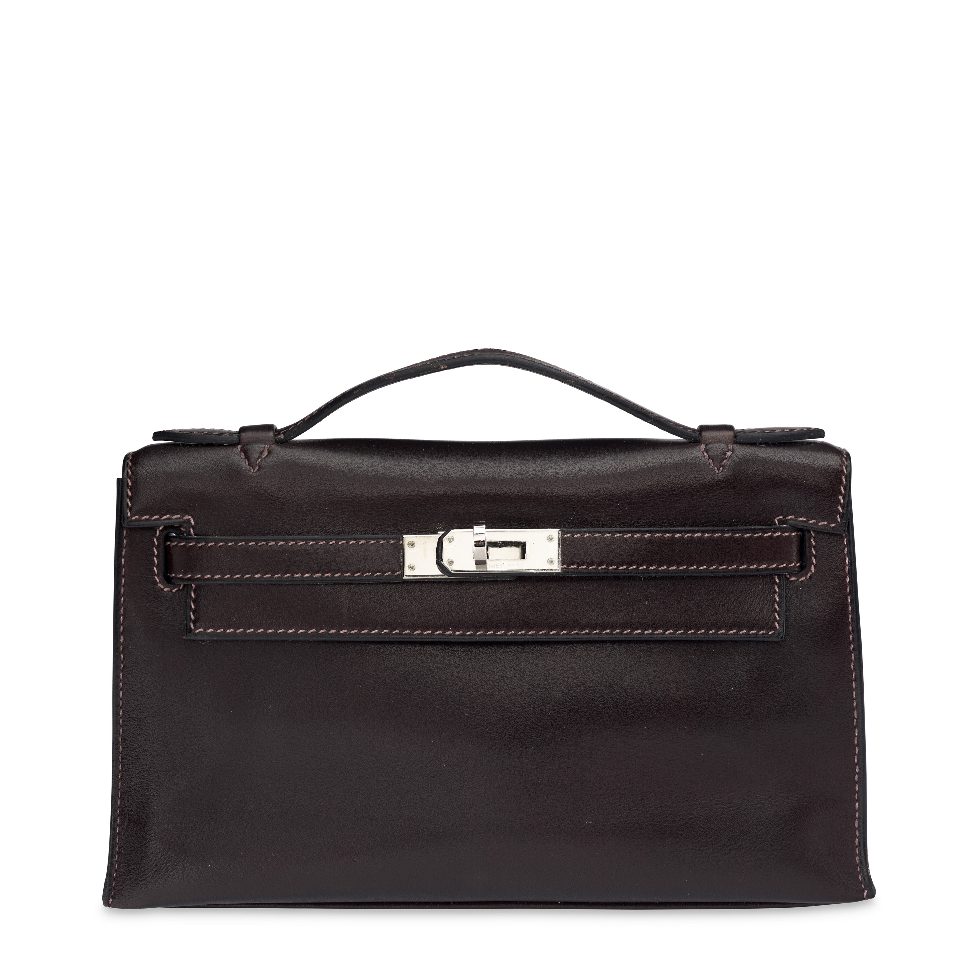 AN ÉBÈNE EVERCALF LEATHER KELLY POCHETTE WITH PALLADIUM HARDWARE