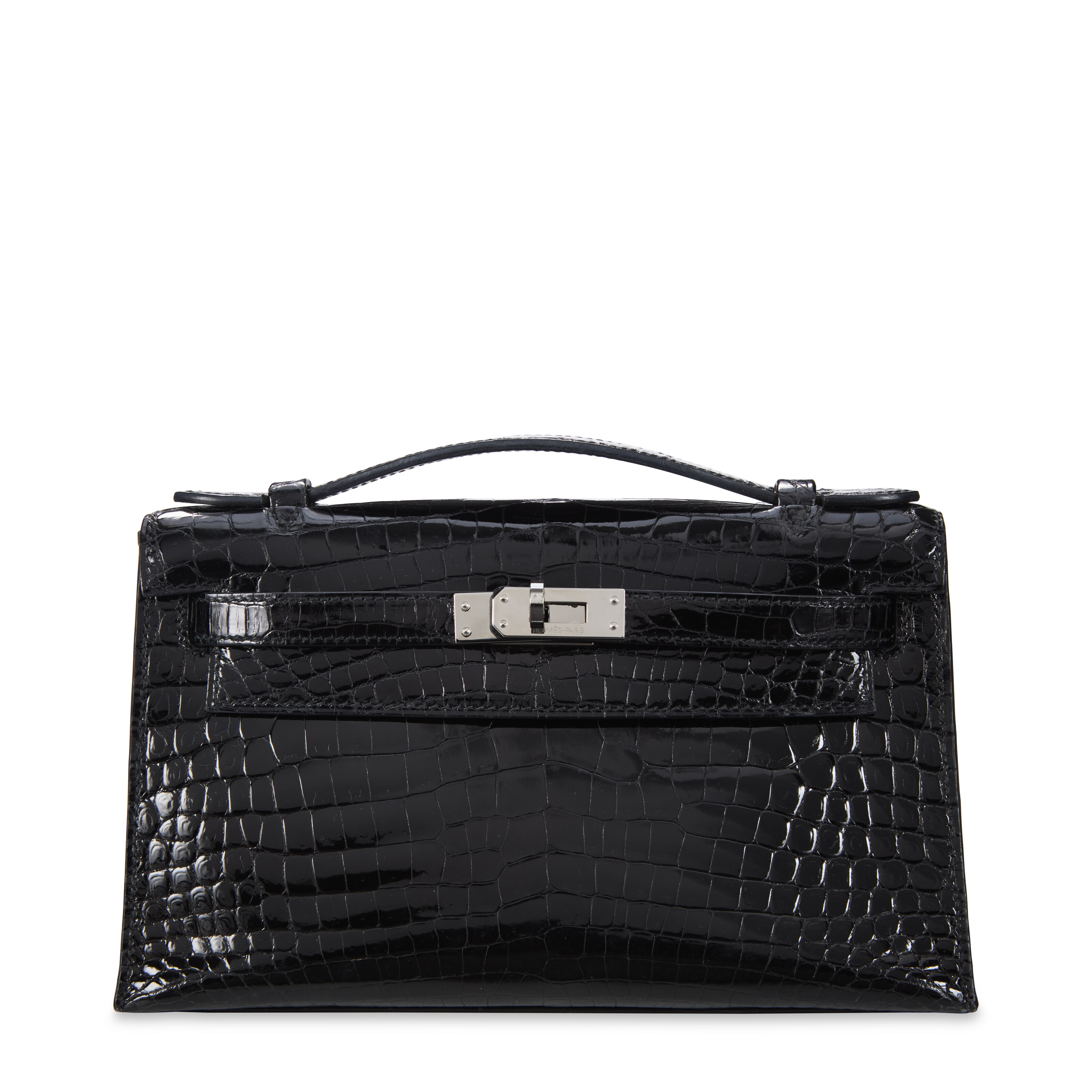 A SHINY BLACK NILOTICUS CROCODILE KELLY POCHETTE WITH PALLADIUM
