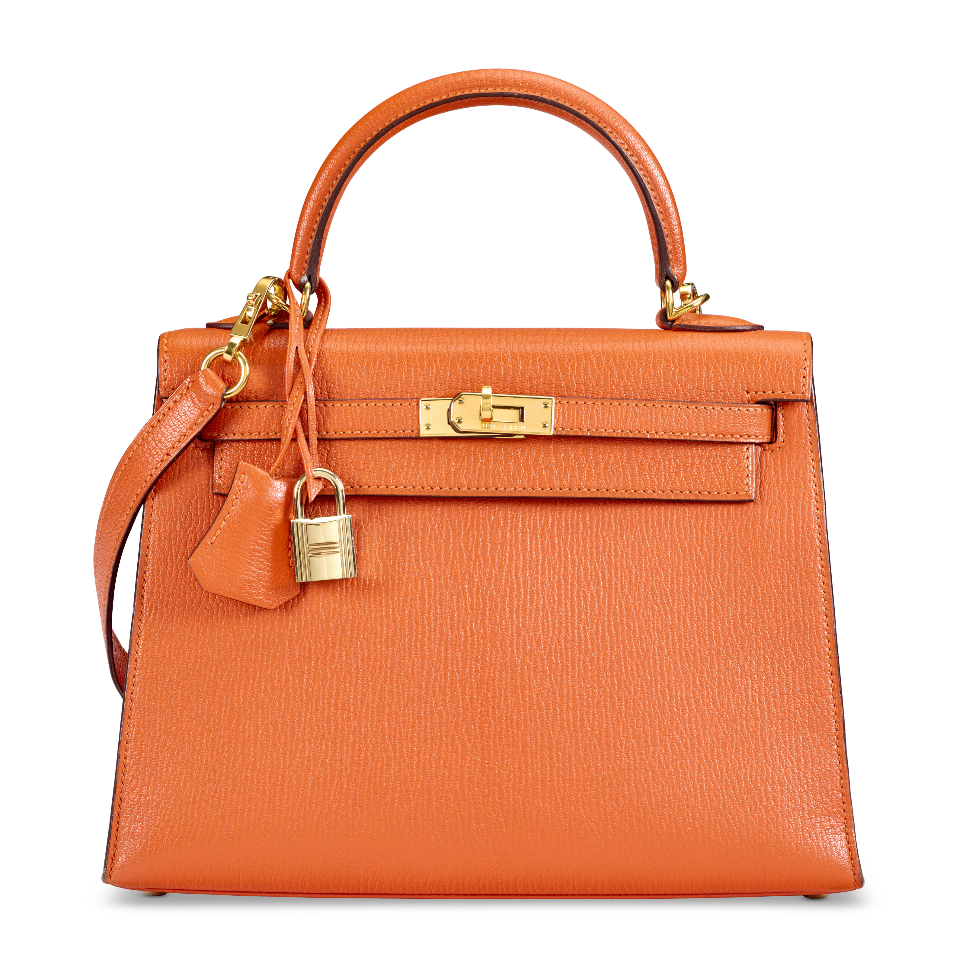 AN ORANGE H CHÈVRE LEATHER SELLIER KELLY 25 WITH GOLD HARDWARE