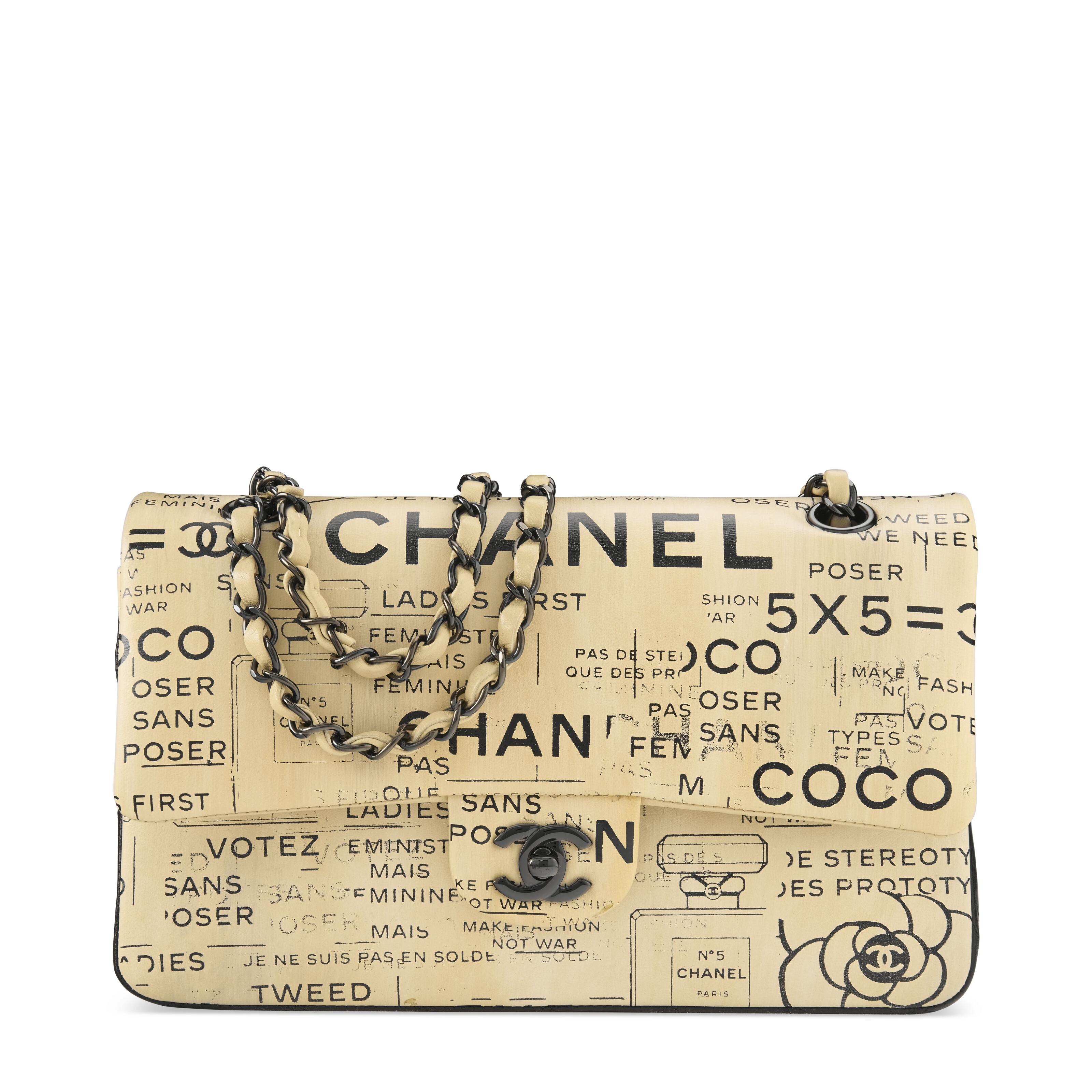 A LIMITED EDITION BEIGE & BLACK HAND-PAINTED NEWSPAPER PRINT