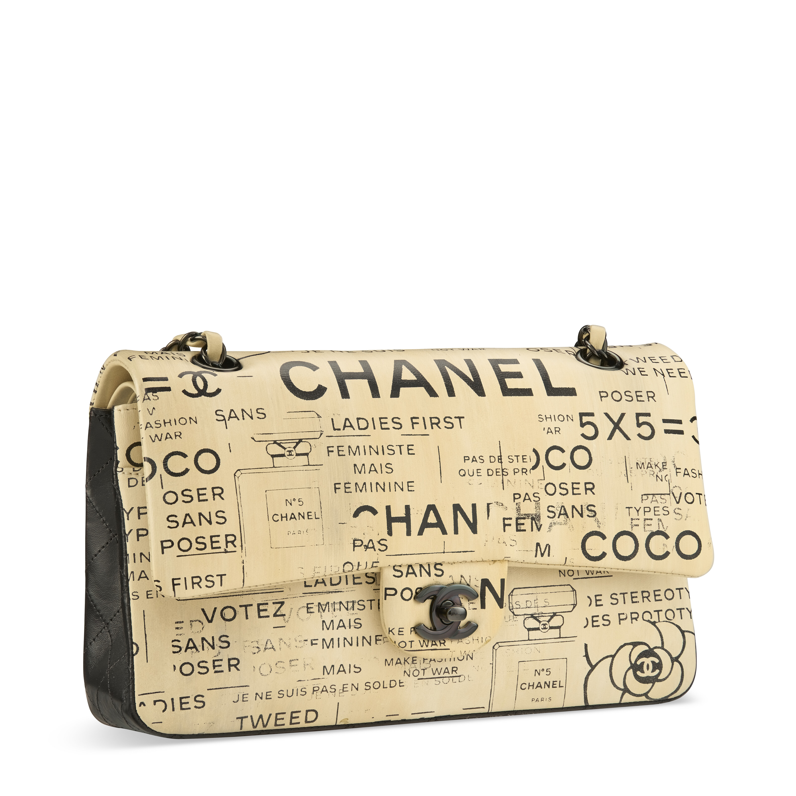A LIMITED EDITION BEIGE & BLACK HAND-PAINTED NEWSPAPER PRINT