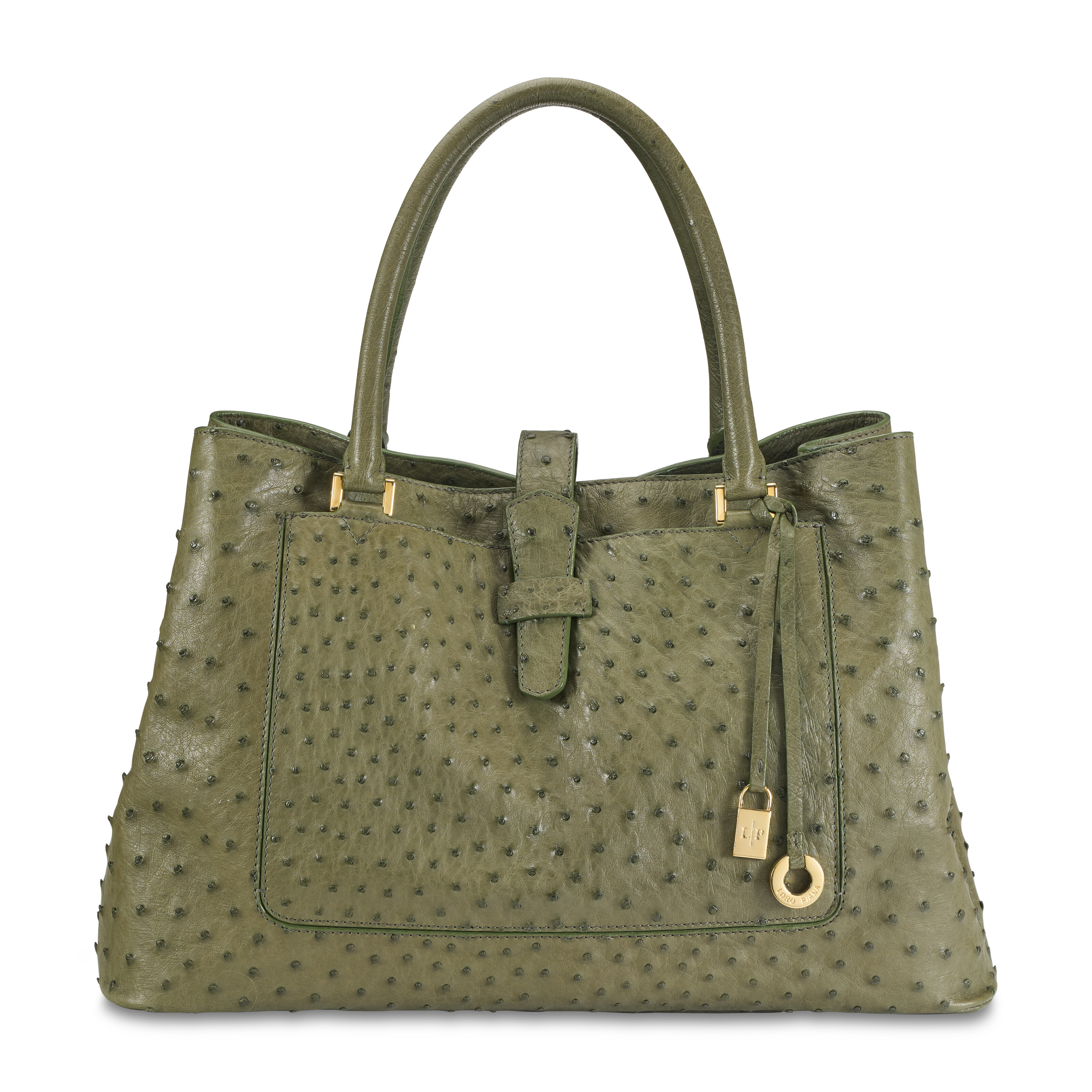 AN OLIVE GREEN OSTRICH BELLEVUE TOTE WITH GOLD HARDWARE, LORO