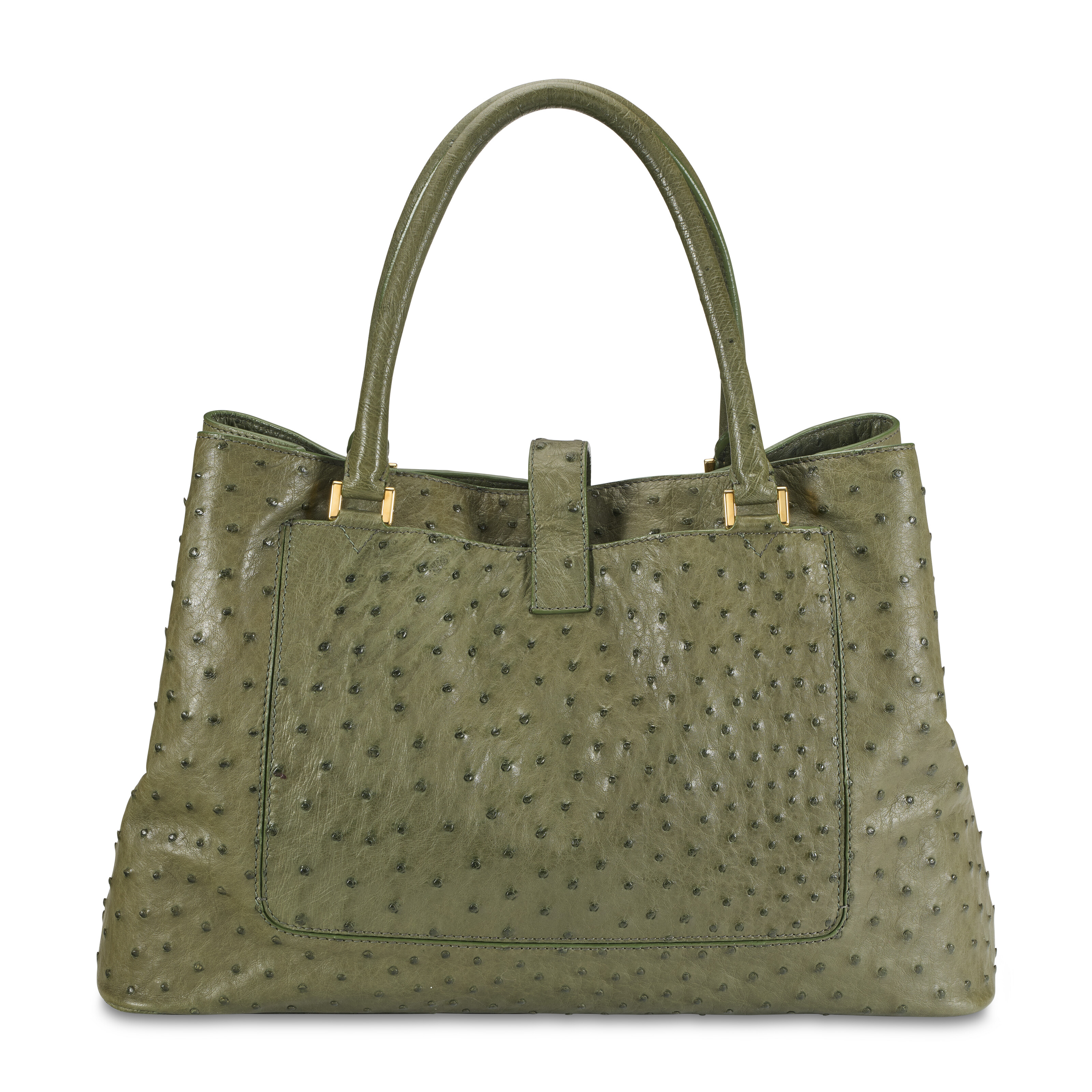 AN OLIVE GREEN OSTRICH BELLEVUE TOTE WITH GOLD HARDWARE, LORO