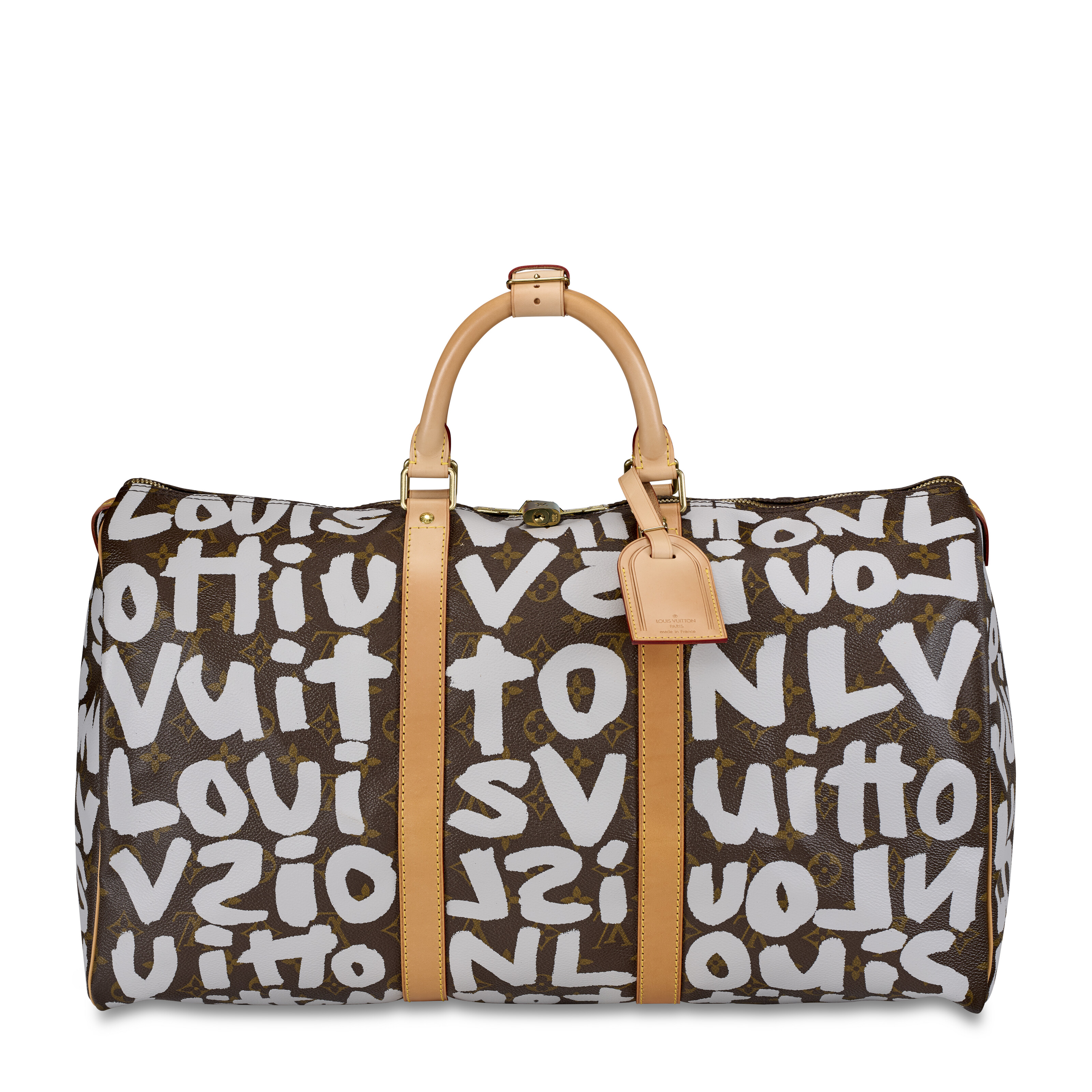 Louis Vuitton. A limited edition Graffiti Monogram canvas and vachetta leather Keepall 50 with gold hardware by Stephen Sprouse, 2003, sold for $3,556 on 11 December 2025 at Christie's Online
