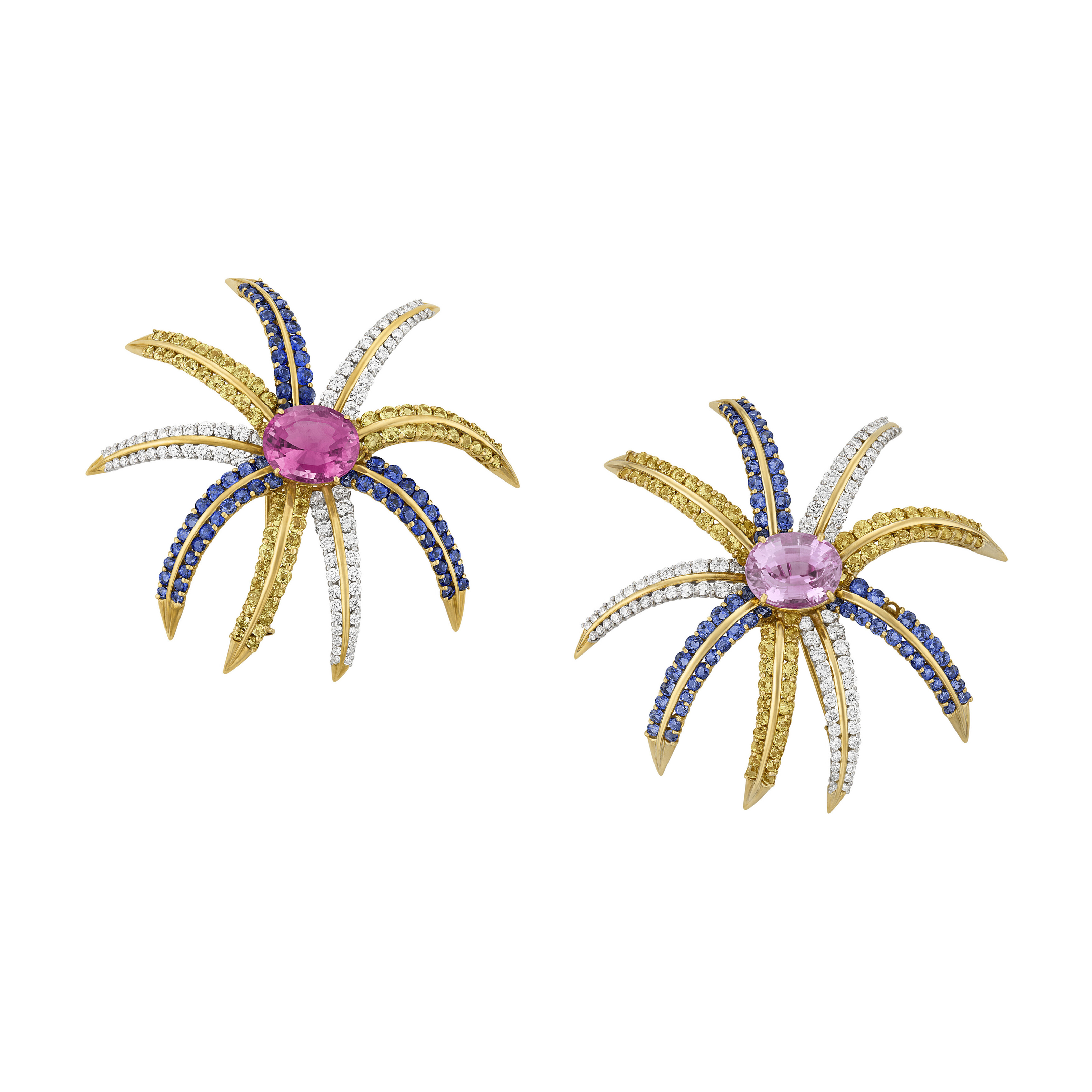 TIFFANY & CO PAIR OF MULTI-GEM AND DIAMOND 'FIREWORKS' BROOCHES