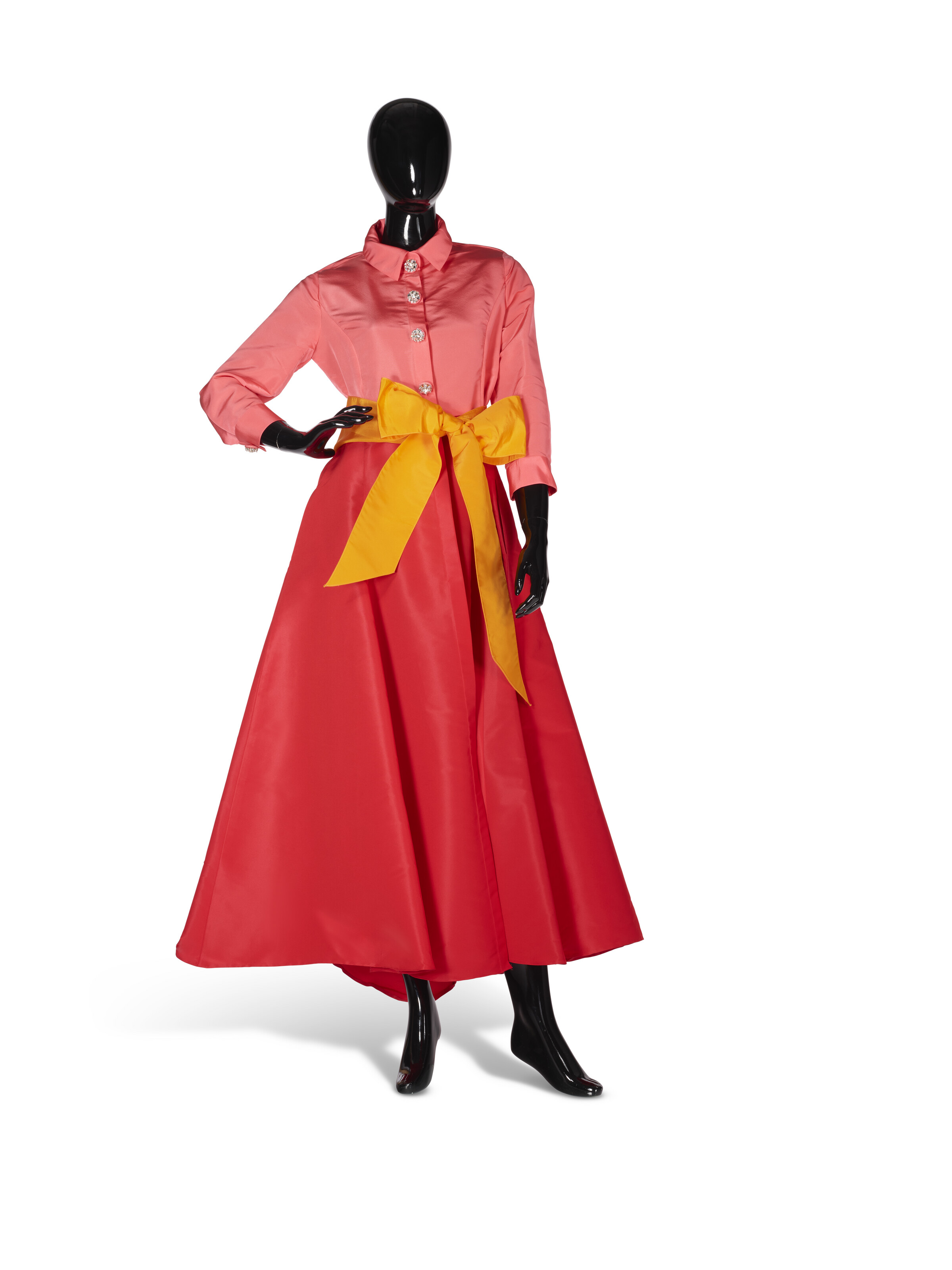 A TRI-COLOR BLOCK SILK SHIRT DRESS, LABELED CAROLINA HERRERA