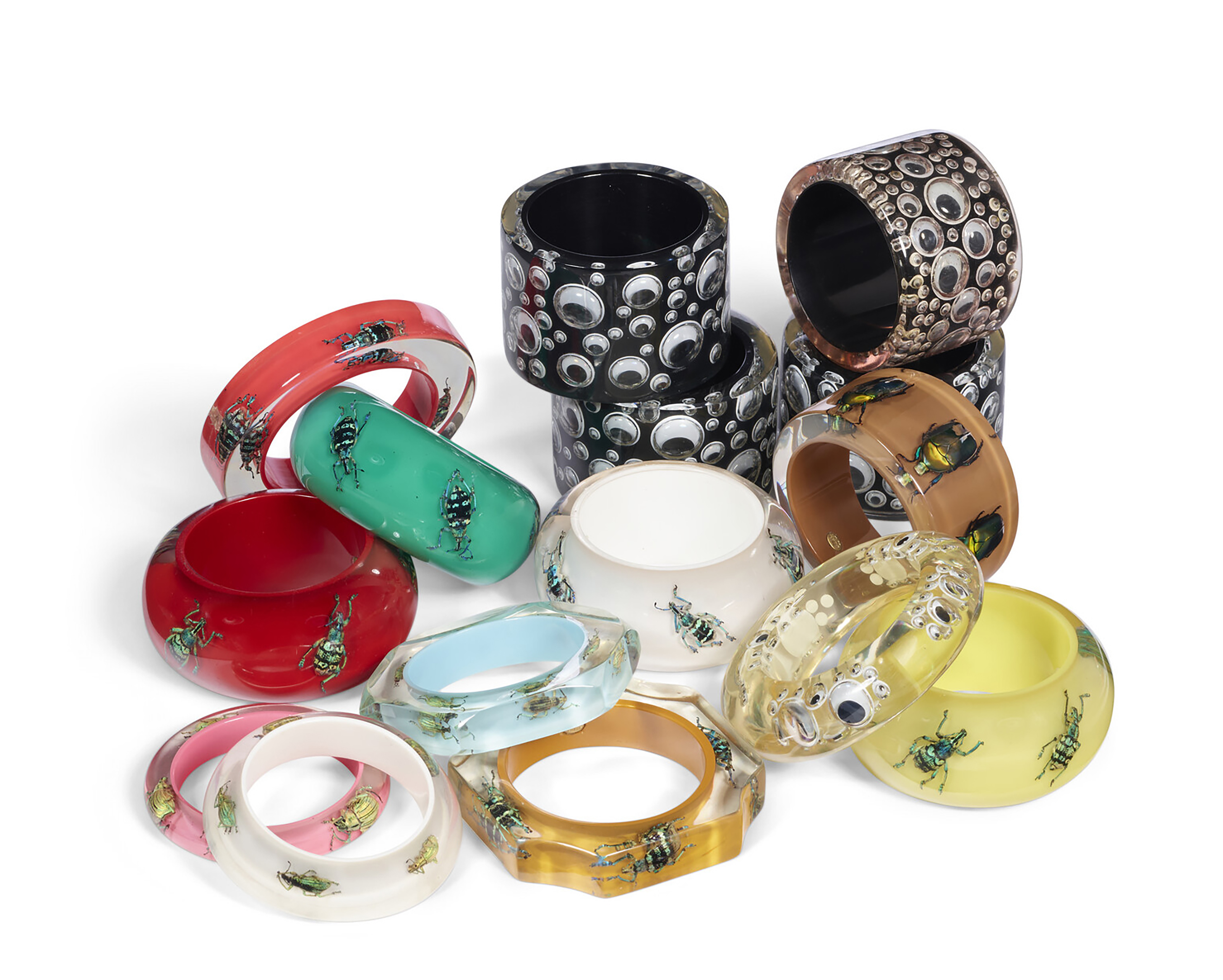 A GROUP OF MULTICOLOR LUCITE BANGLES, RARA AVIS BY IRIS