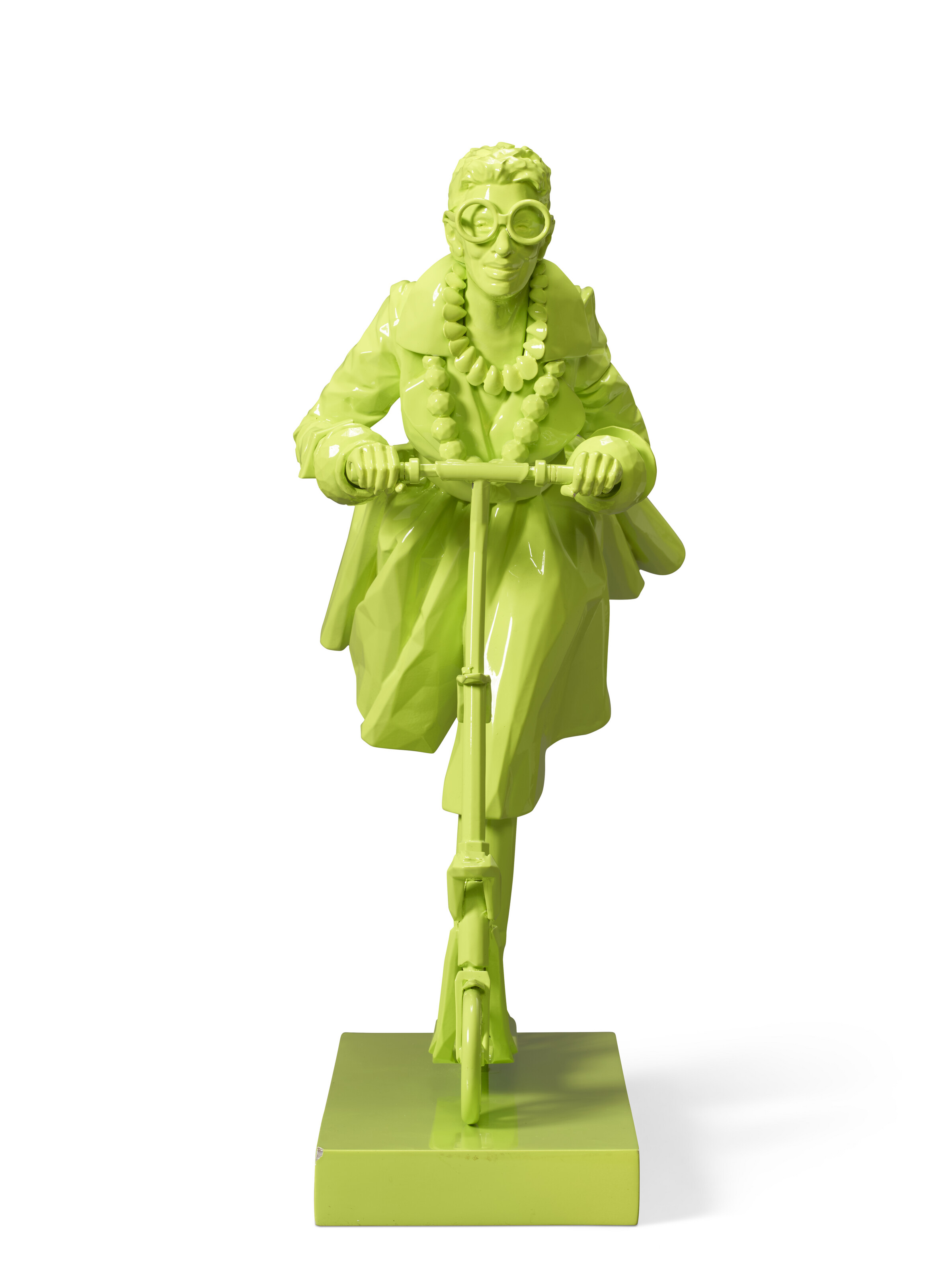 A CAST-RESIN LIME-GREEN FIGURE OF IRIS APFEL RIDING A SCOOTER