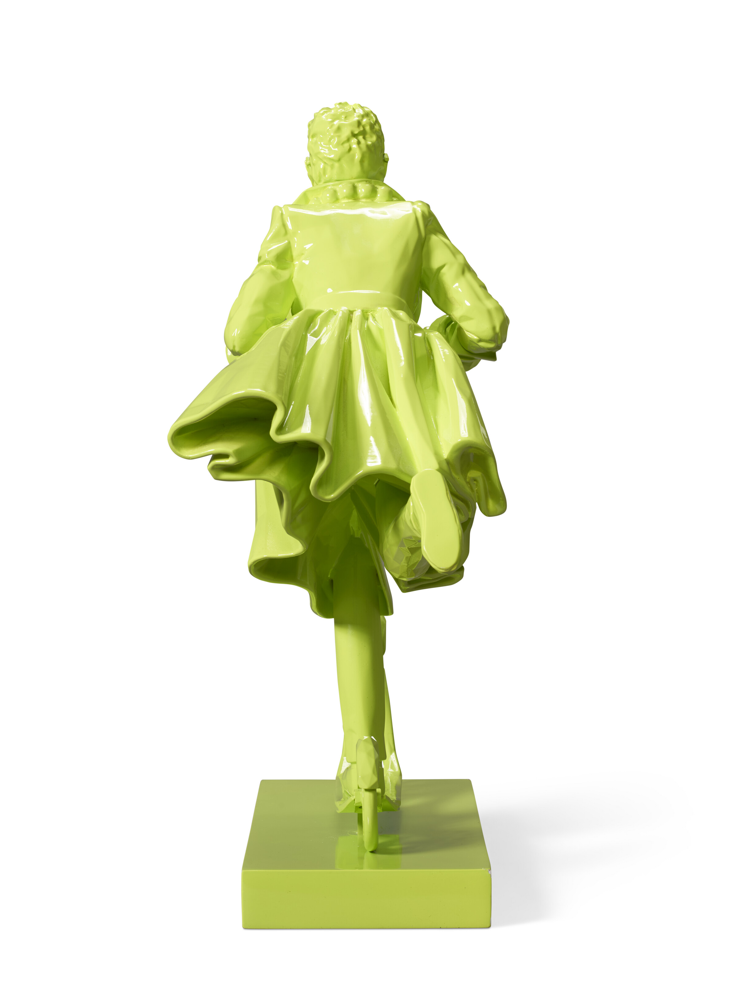 A CAST-RESIN LIME-GREEN FIGURE OF IRIS APFEL RIDING A SCOOTER