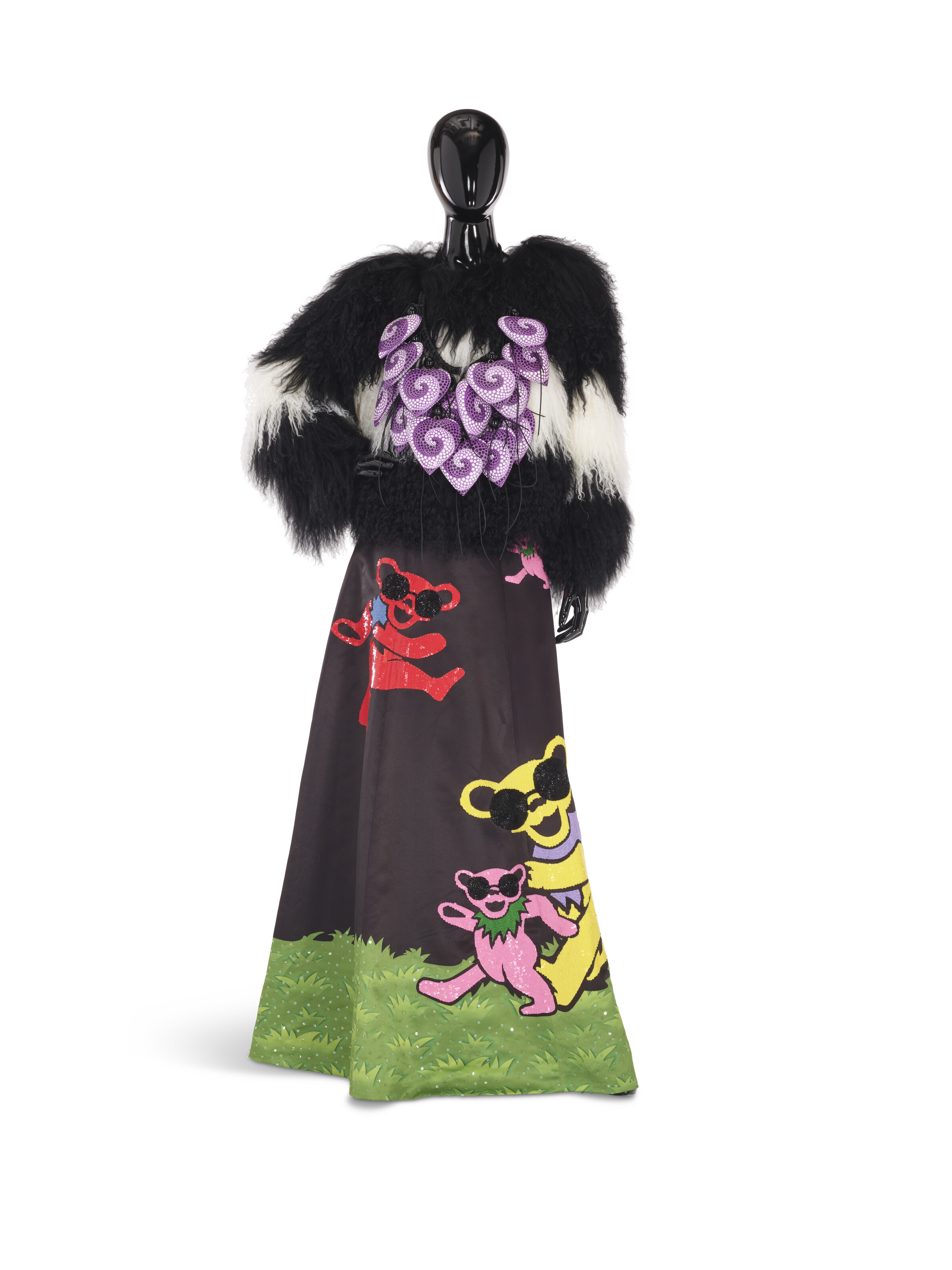 A BLACK SATIN AND MULTICOLOR SEQUIN-ADORNED 'DANCING BEARS' SKIRT