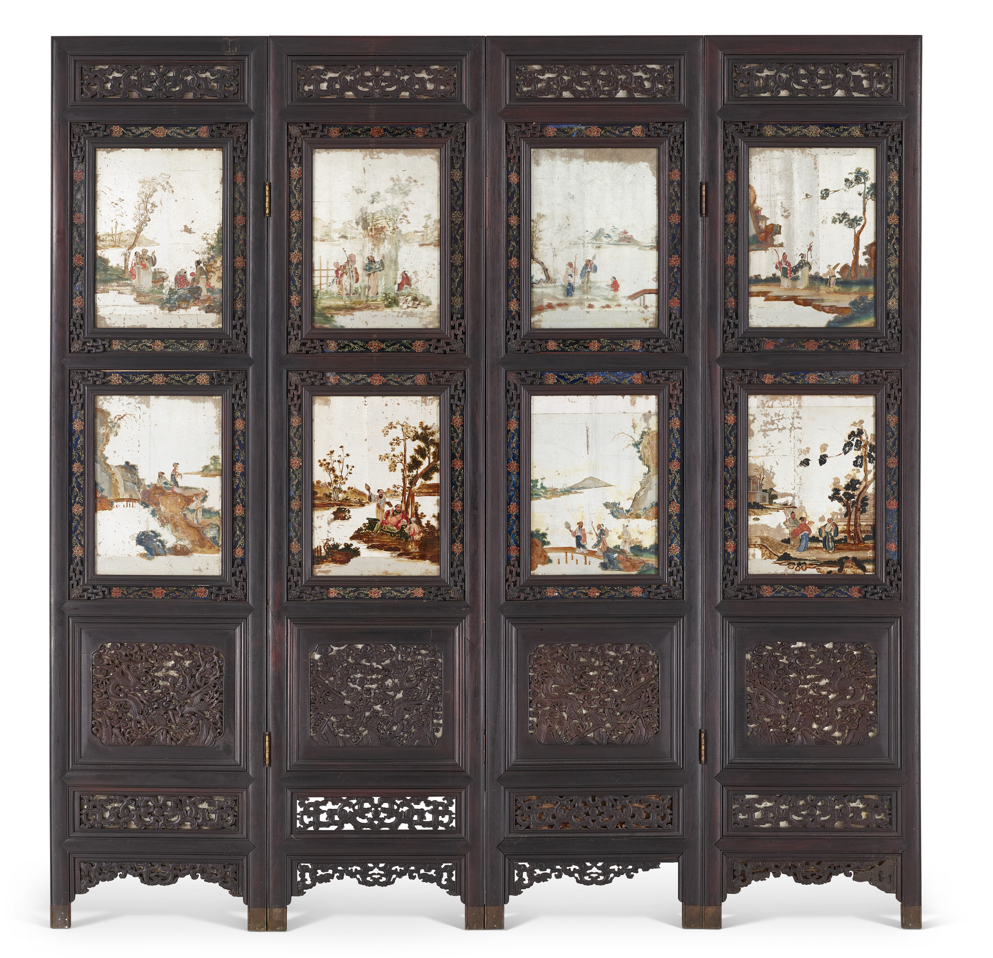A CHINESE CARVED HARDWOOD FOUR-PANEL FOLDING SCREEN, 20TH CENTURY ...