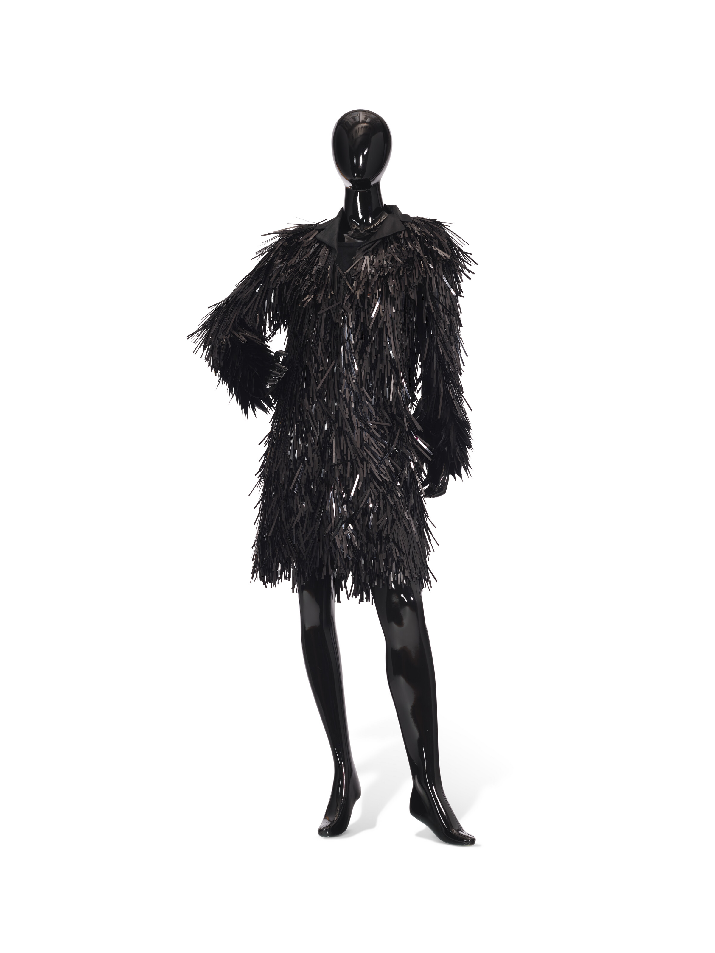 A BLACK SATIN PVC FRINGED AND FEATHER COAT, LABELED PRADA, 2007