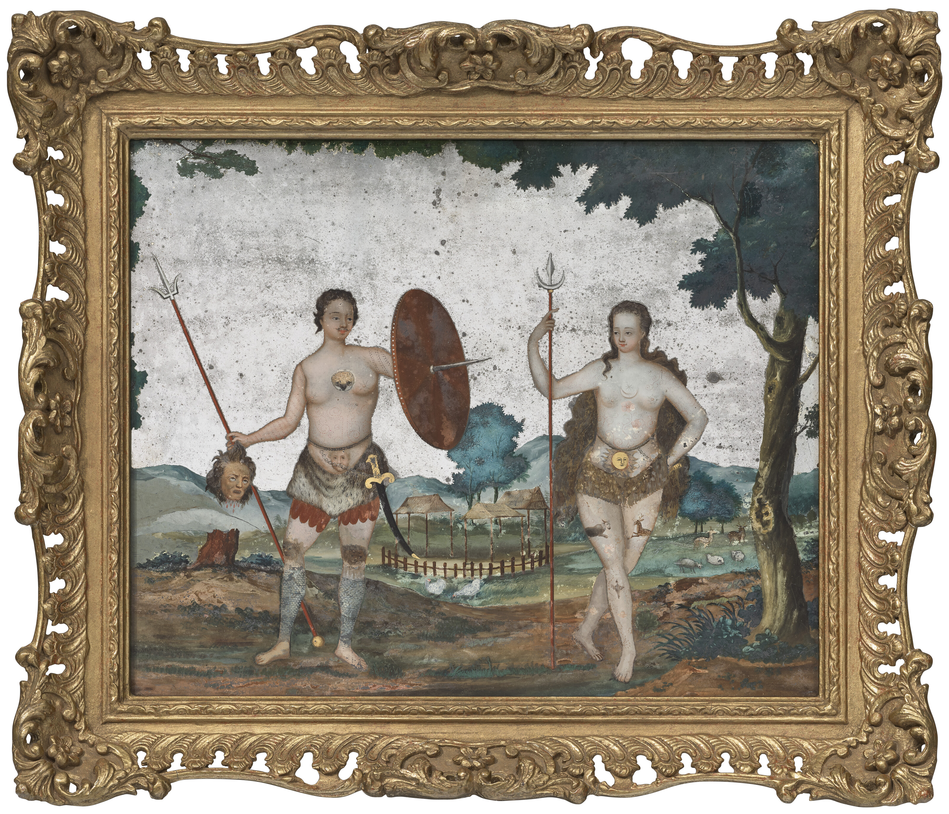 A CHINESE EXPORT REVERSE PAINTED MIRROR DEPICTING TWO PICT