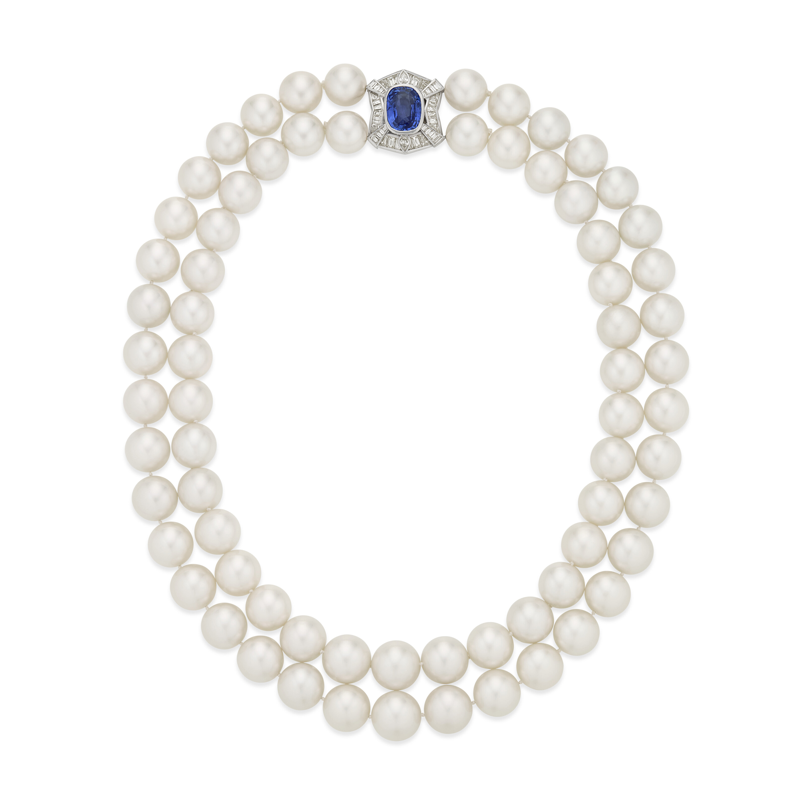 DOUBLE STRAND CULTURED PEARL, SAPPHIRE AND DIAMOND NECKLACE