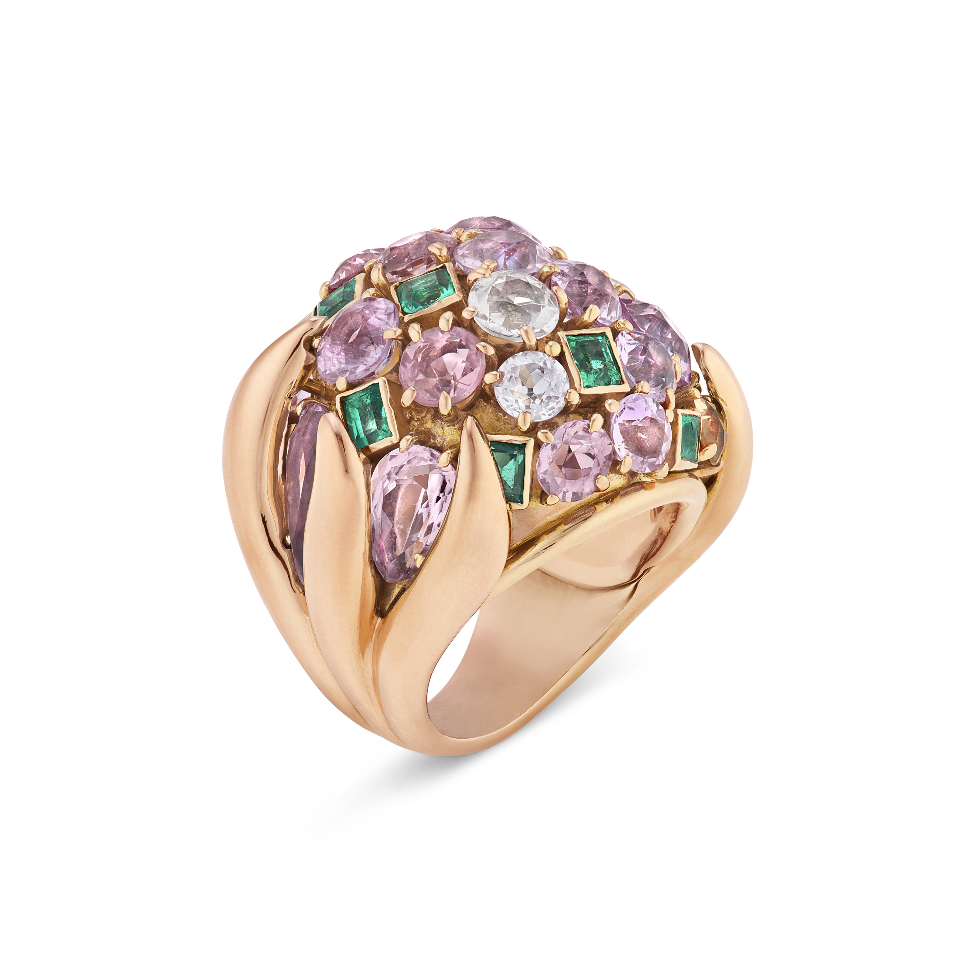 VERDURA RETRO EMERALD, PINK TOURMALINE AND PINK TOPAZ 'BLADES' RING