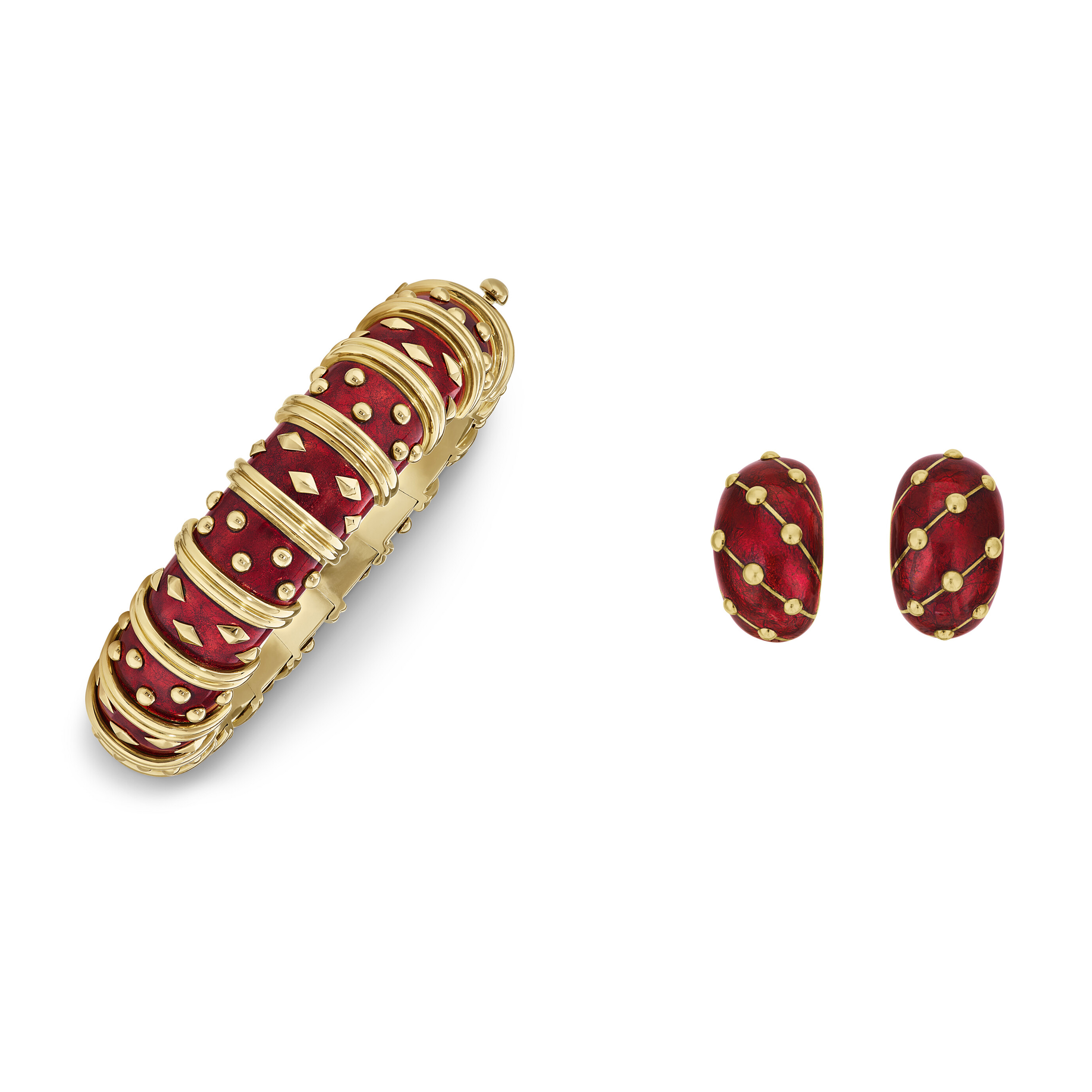 TIFFANY & CO., JEAN SCHLUMBERGER SET OF ENAMEL AND GOLD 'DOT LOSANGE' JEWELRY