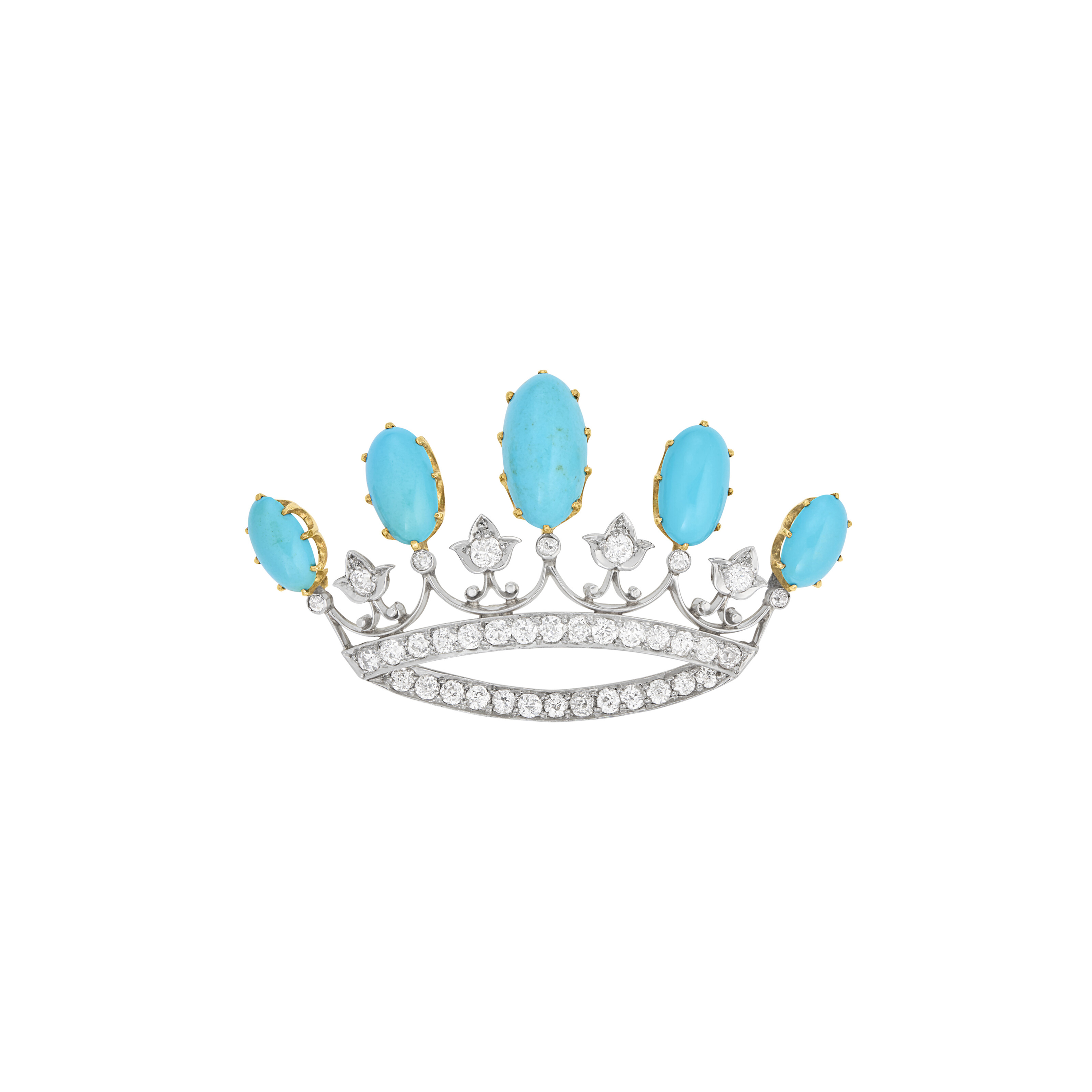 BLACK, STARR & FROST ANTIQUE TURQUOISE AND DIAMOND CROWN BROOCH
