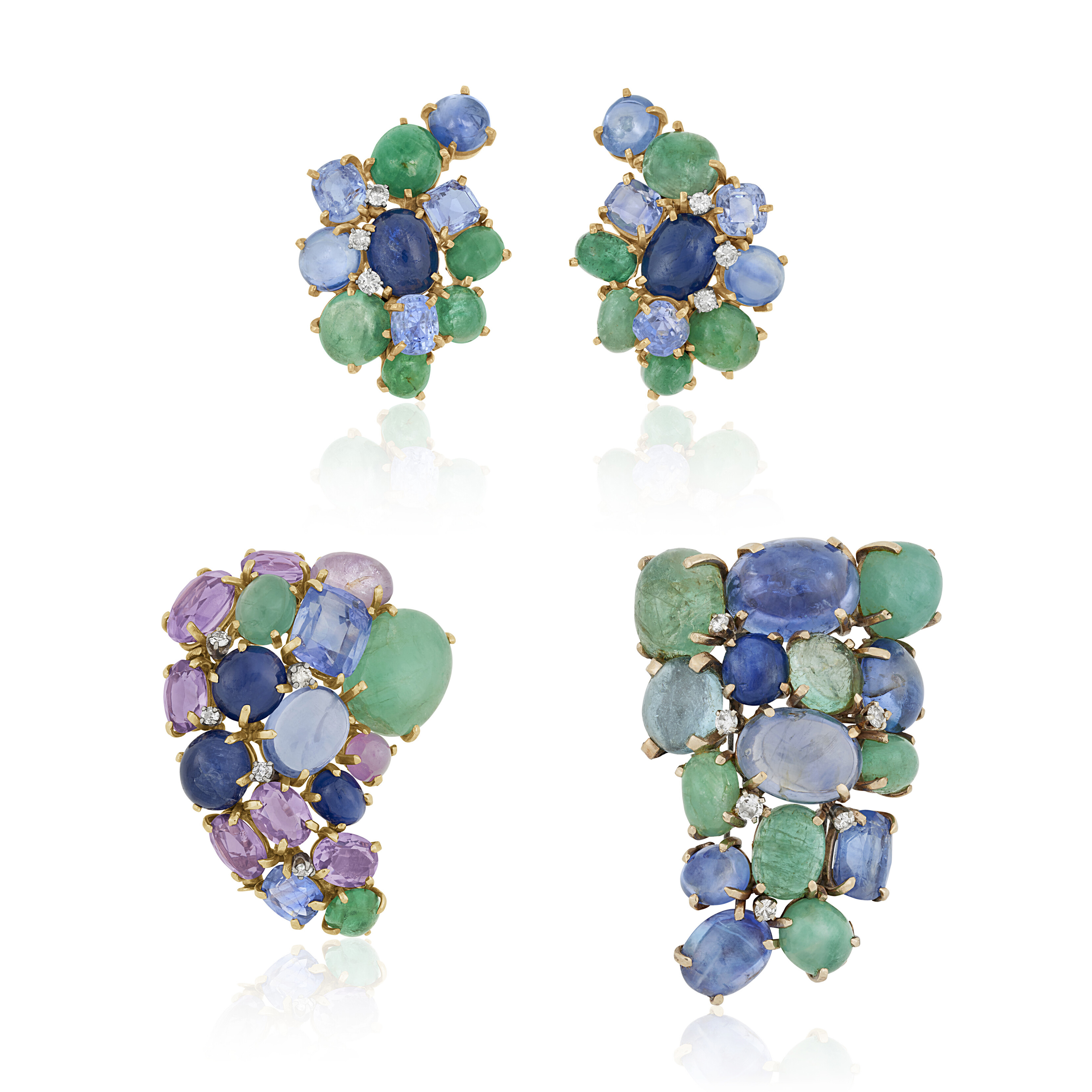 SEAMAN SCHEPPS MULTI-GEM AND DIAMOND BROOCH WITH UNSIGNED MULTI-GEM DIAMOND BROOCH AND EARRINGS