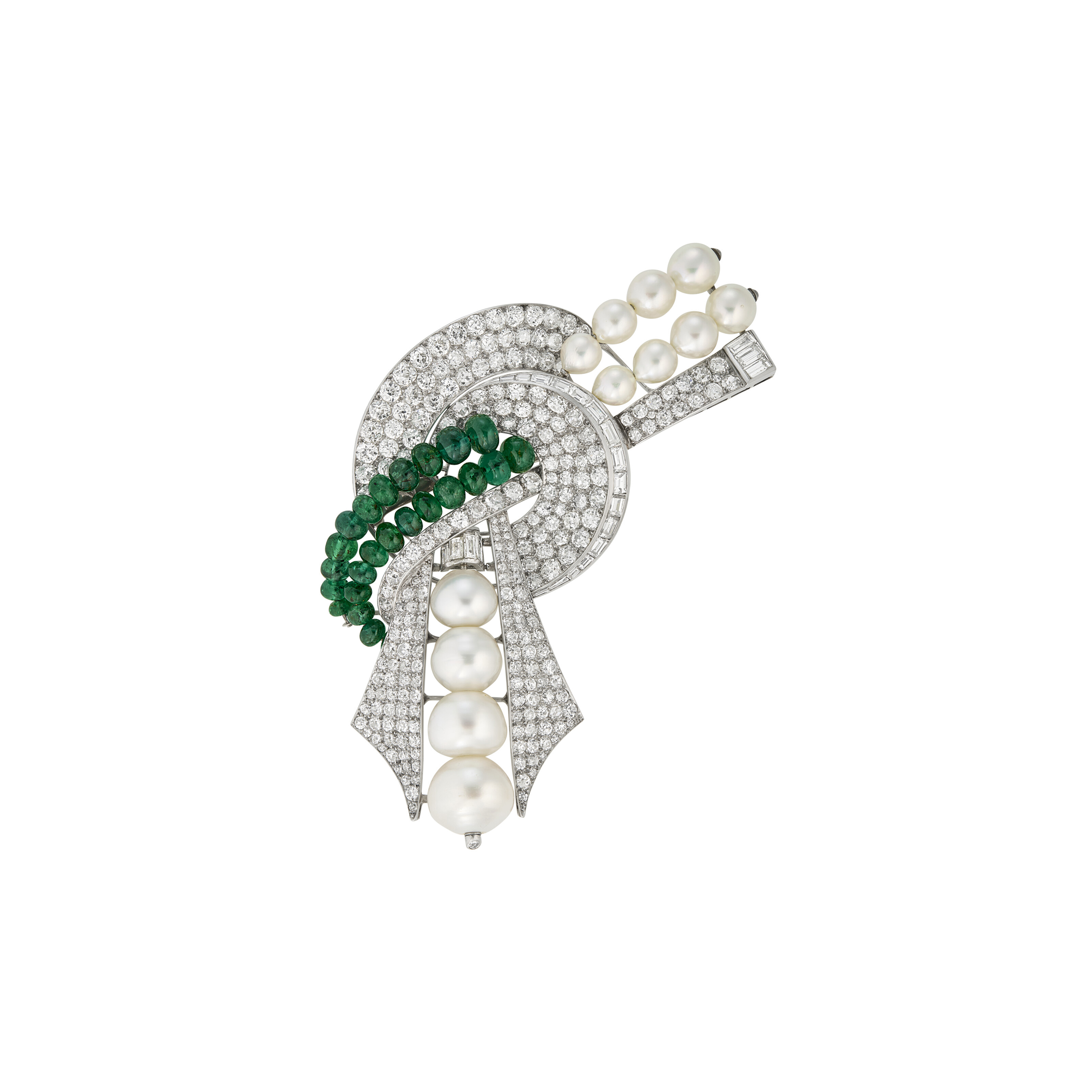 DIAMOND, EMERALD AND CULTURED PEARL BROOCH