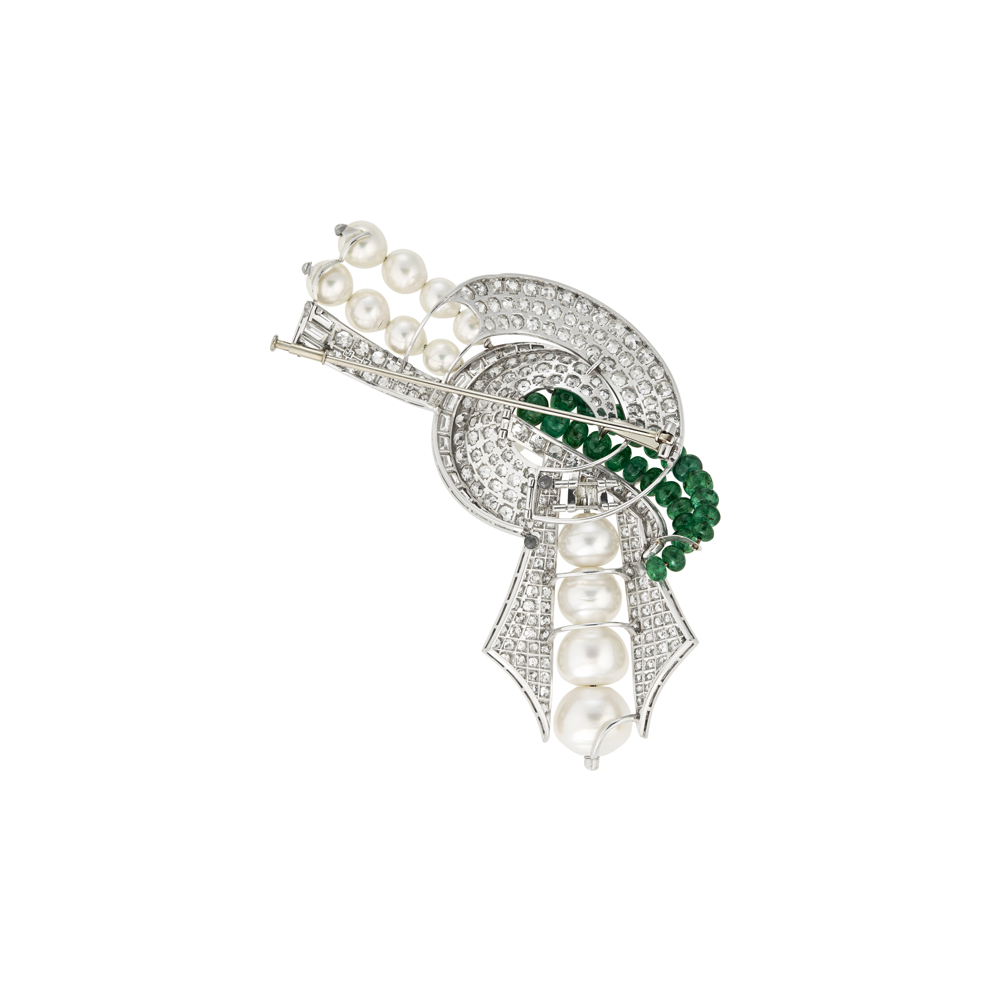 DIAMOND, EMERALD AND CULTURED PEARL BROOCH image 3