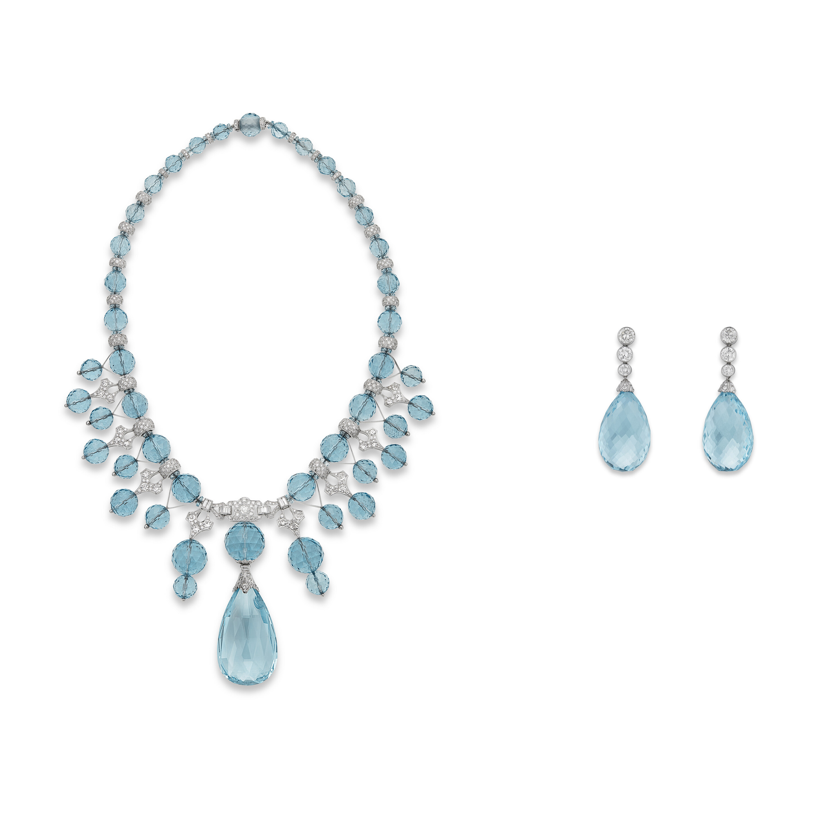 AQUAMARINE AND DIAMOND NECKLACE AND EARRINGS