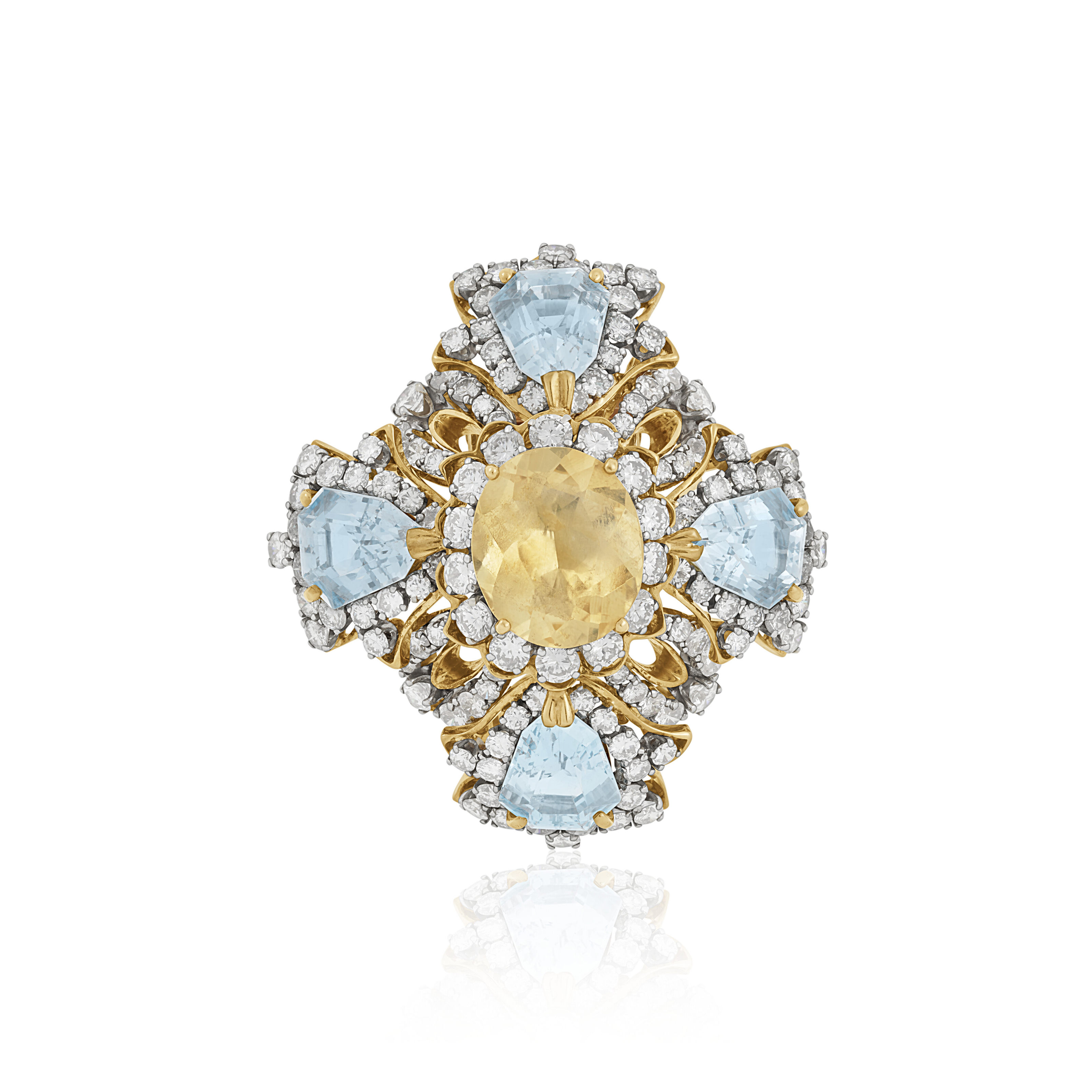 DAVID WEBB YELLOW SAPPHIRE, AQUMARINE AND DIAMOND CLIP-BROOCH
