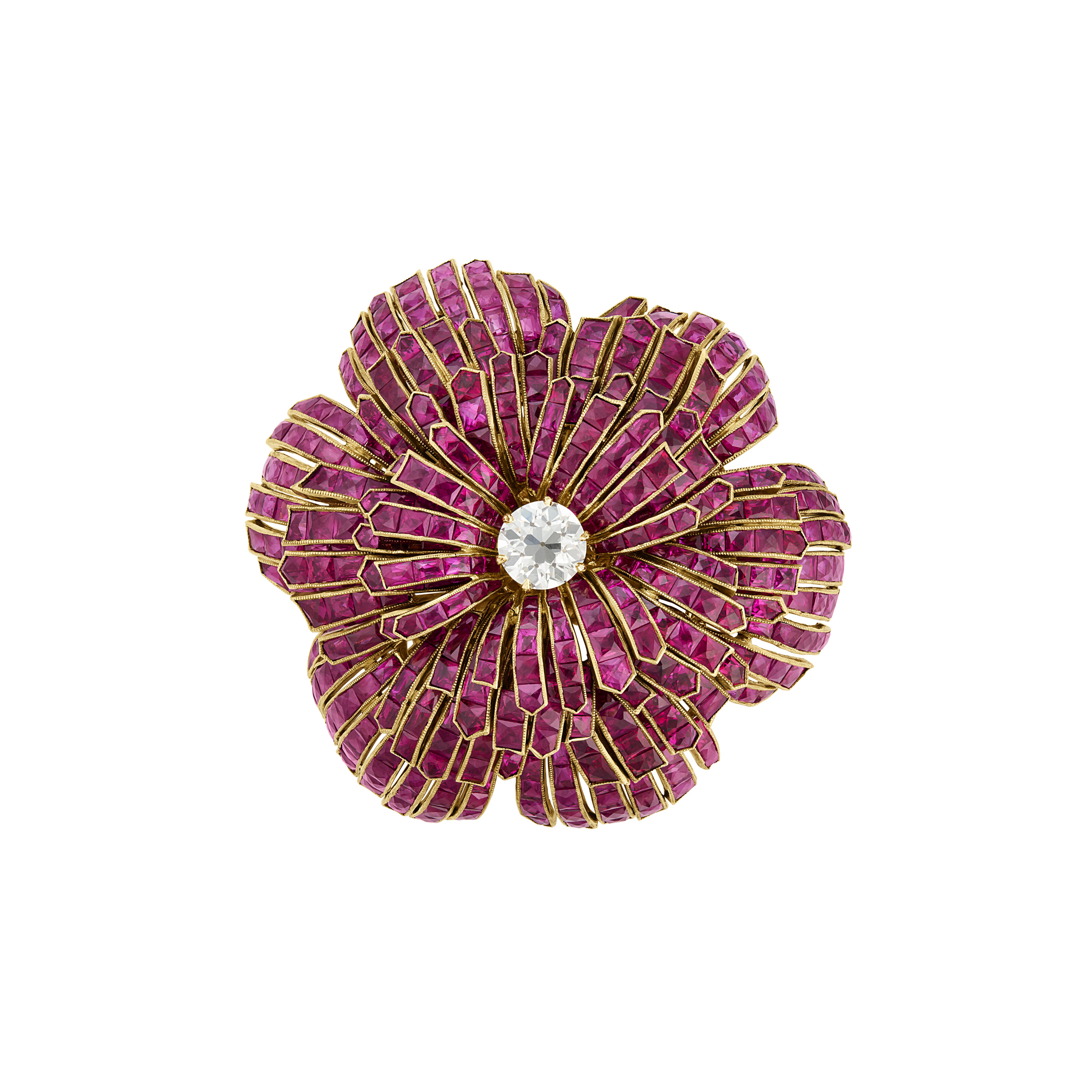 DIAMOND AND SYNTHETIC RUBY FLOWER BROOCH