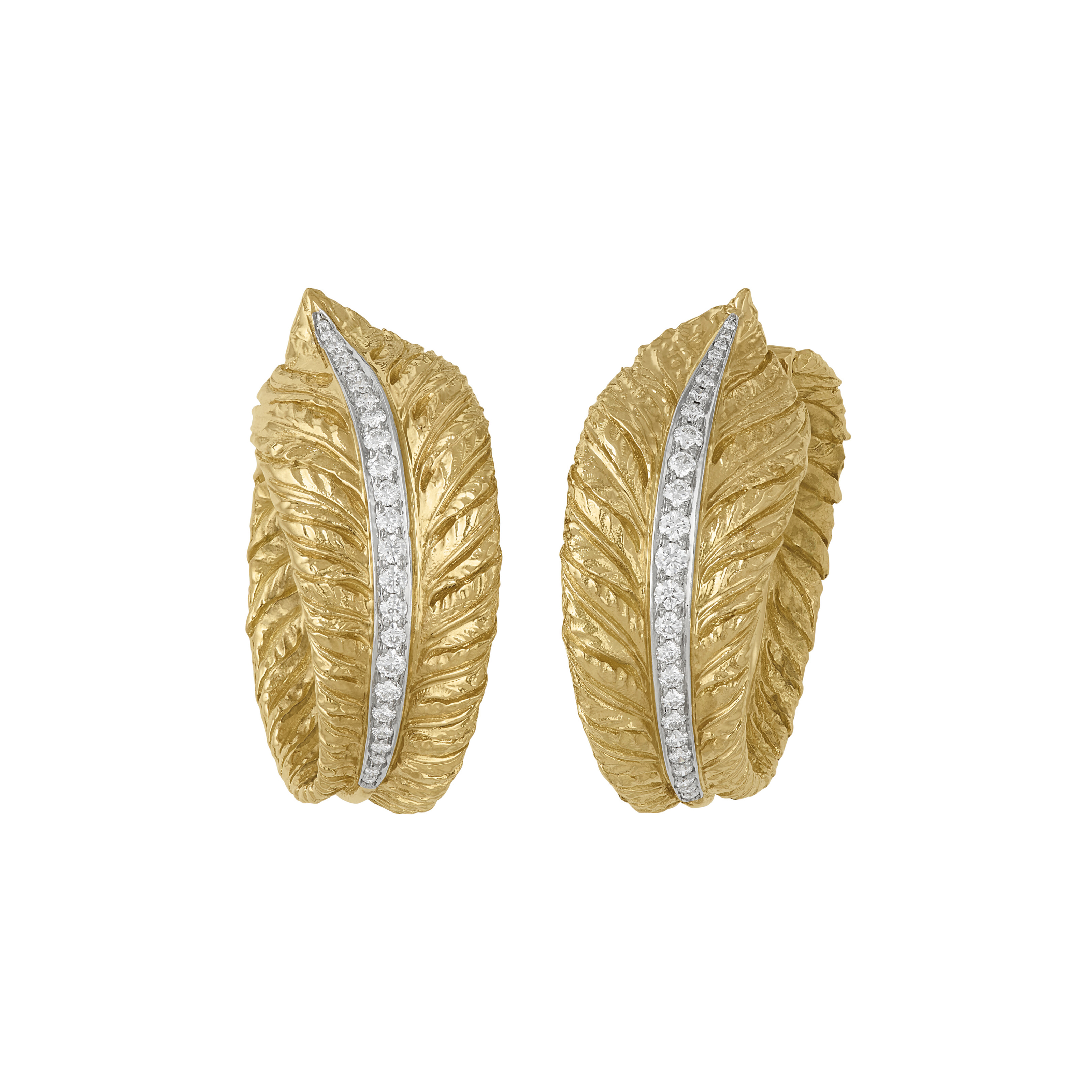VERDURA DIAMOND AND GOLD 'FEATHER HOOP' EARRINGS