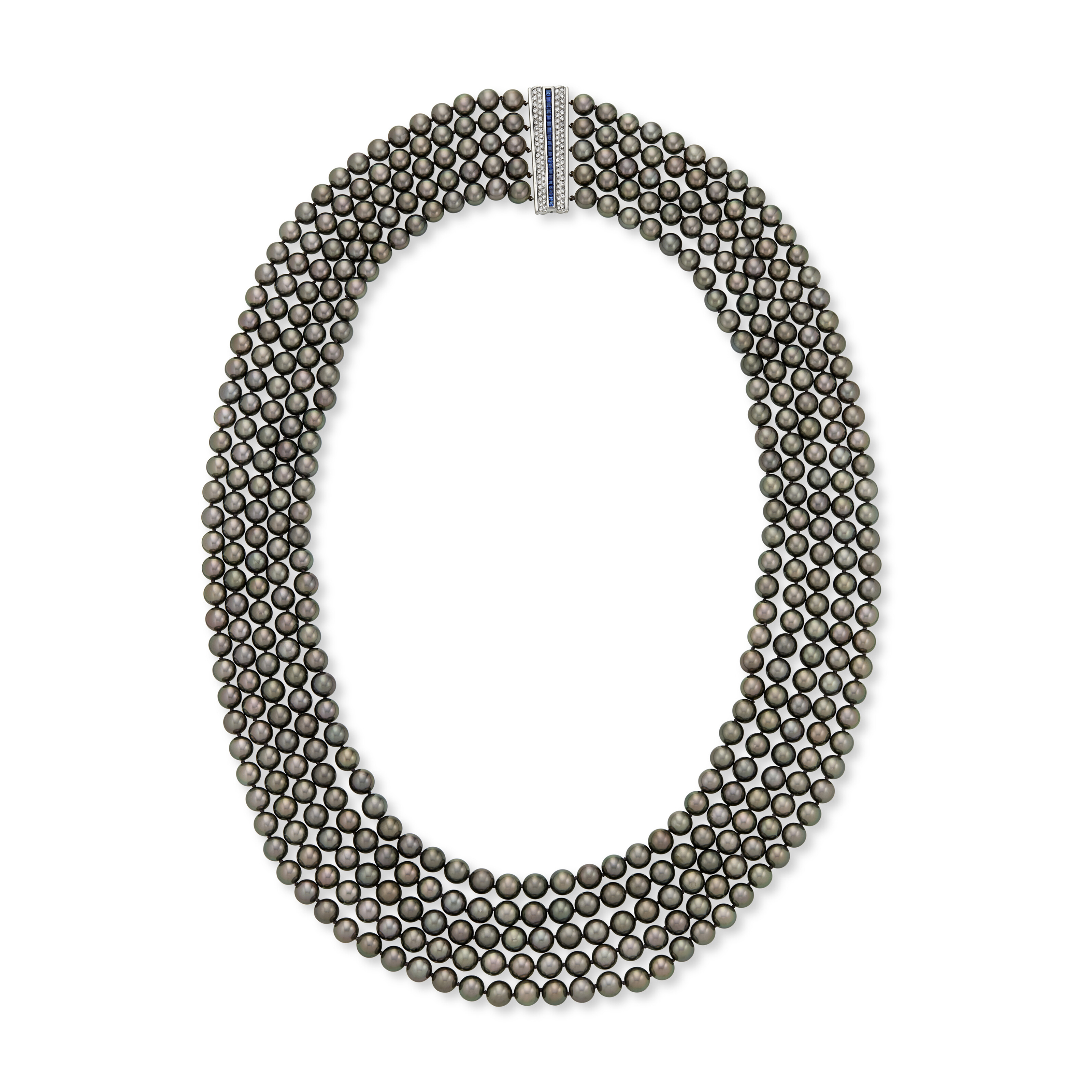MULTI-STRAND BLACK CULTURED PEARL, SAPPHIRE AND DIAMOND NECKLACE