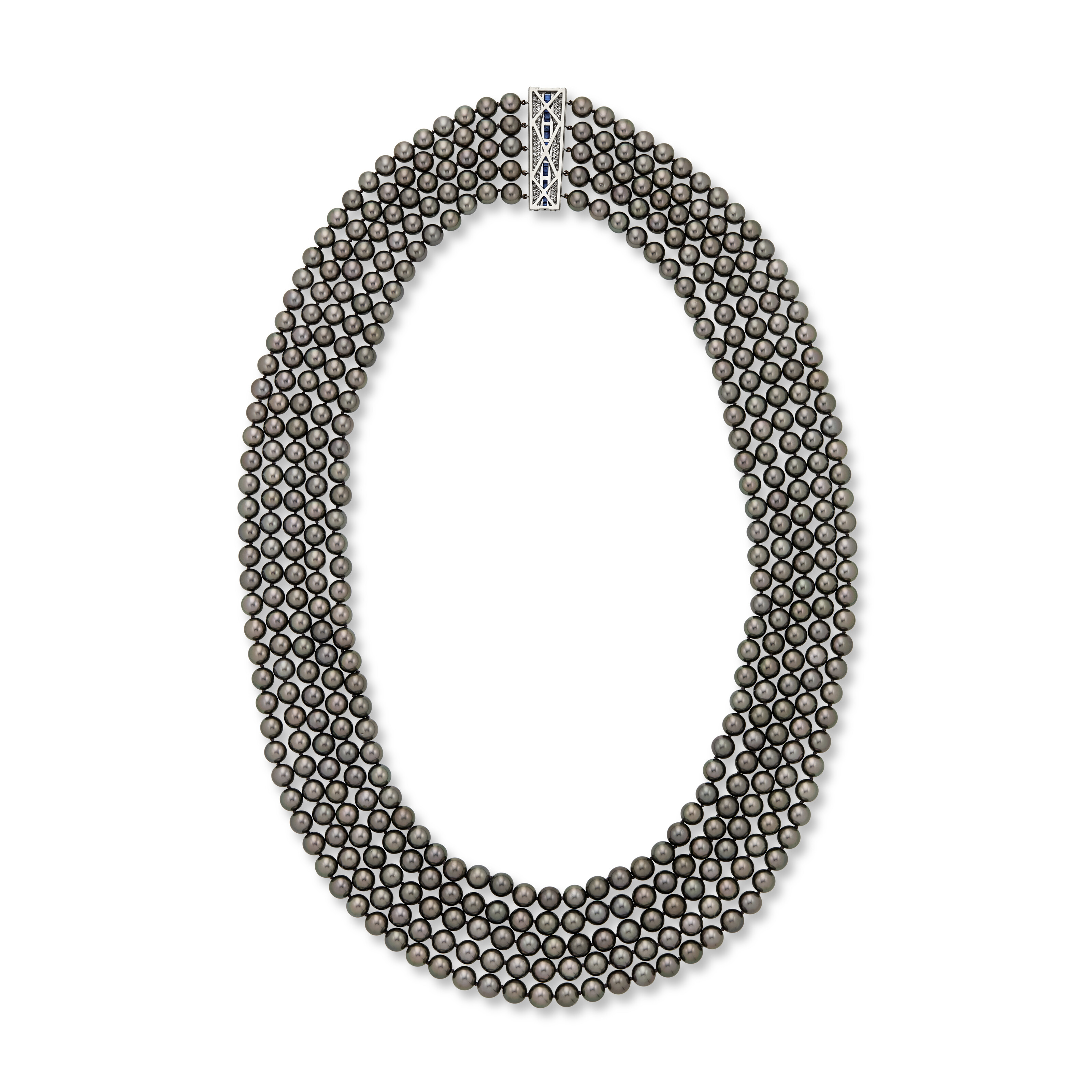 MULTI-STRAND BLACK CULTURED PEARL, SAPPHIRE AND DIAMOND NECKLACE image 2