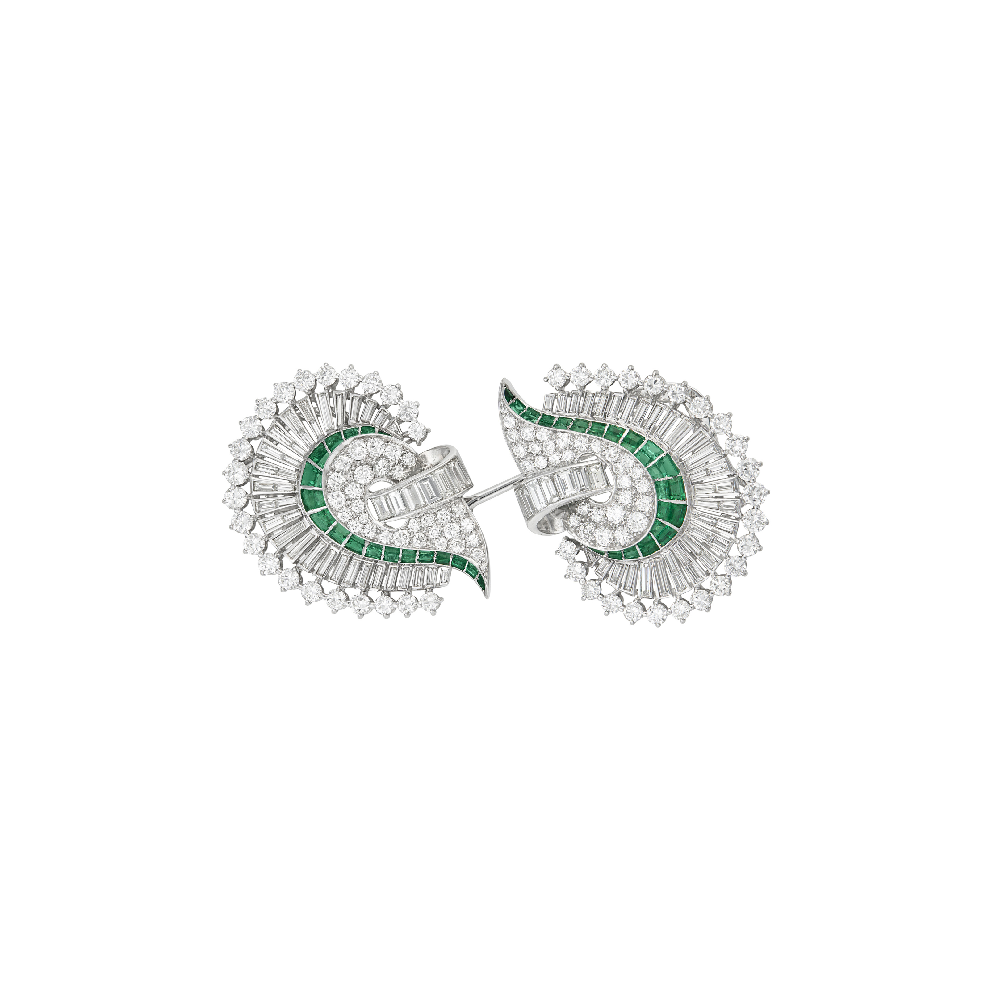 DIAMOND AND EMERALD DOUBLE-CLIP JABOT BROOCH