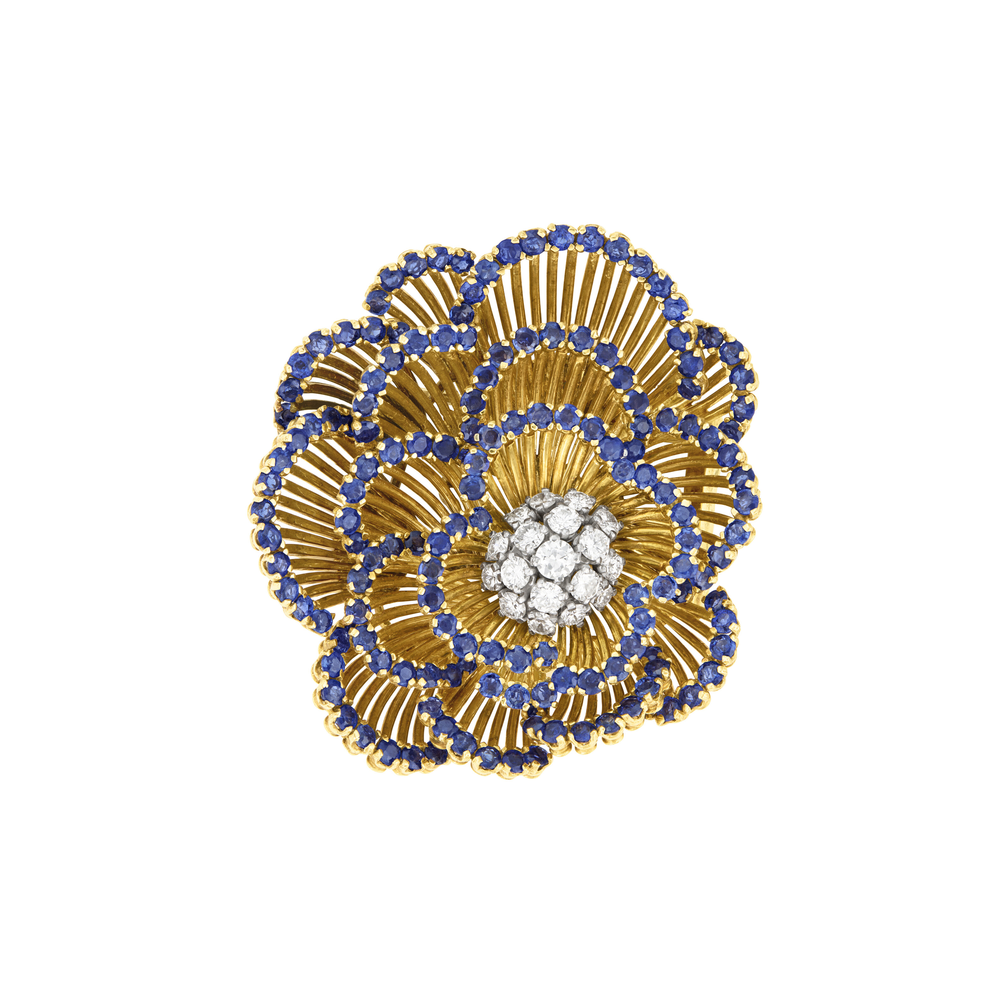 TIFFANY & CO. SAPPHIRE, DIAMOND AND GOLD FLOWER BROOCH